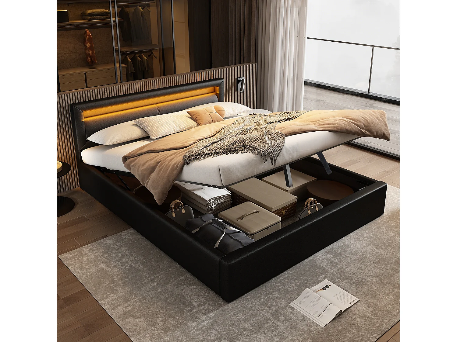 Letto LED, 140\200 cm, con rete a doghe e contenitore, testiera illuminata, nero, PU e legno (Dimensioni: 198,76 x 31,12 x 19,05 cm)