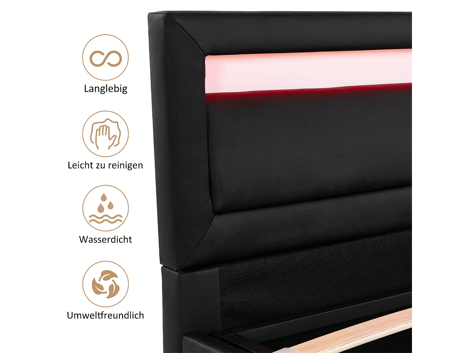 Letto LED, 140\200 cm, con rete a doghe e contenitore, testiera illuminata, nero, PU e legno (Dimensioni: 198,76 x 31,12 x 19,05 cm)