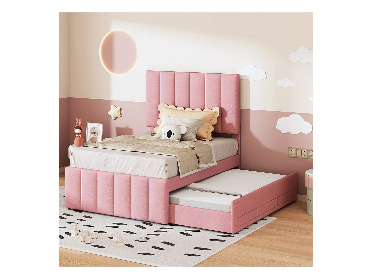 Letto per bambini con letto estraibile e cassetti contenitore, imbottitura in lino rosa, letto singolo multifunzionale (204x90x118 cm)