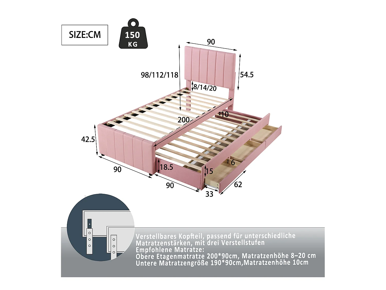 Letto per bambini con letto estraibile e cassetti contenitore, imbottitura in lino rosa, letto singolo multifunzionale (204x90x118 cm)