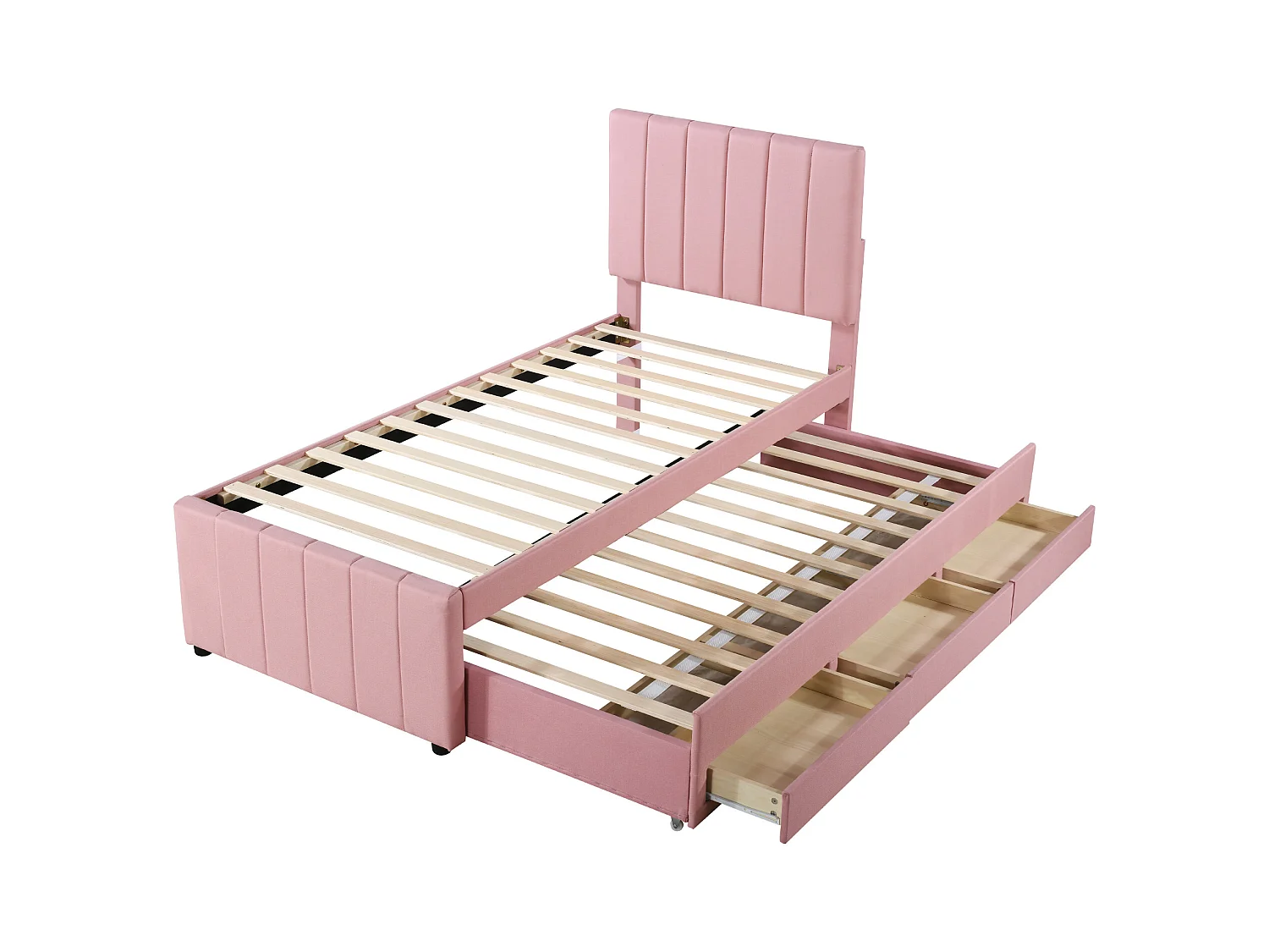Letto per bambini con letto estraibile e cassetti contenitore, imbottitura in lino rosa, letto singolo multifunzionale (204x90x118 cm)
