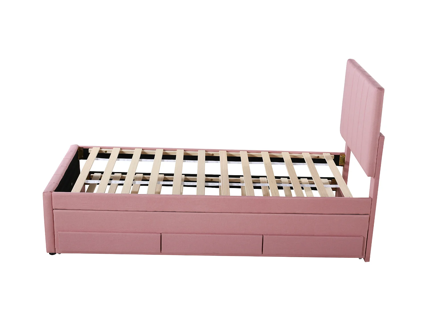 Letto per bambini con letto estraibile e cassetti contenitore, imbottitura in lino rosa, letto singolo multifunzionale (204x90x118 cm)