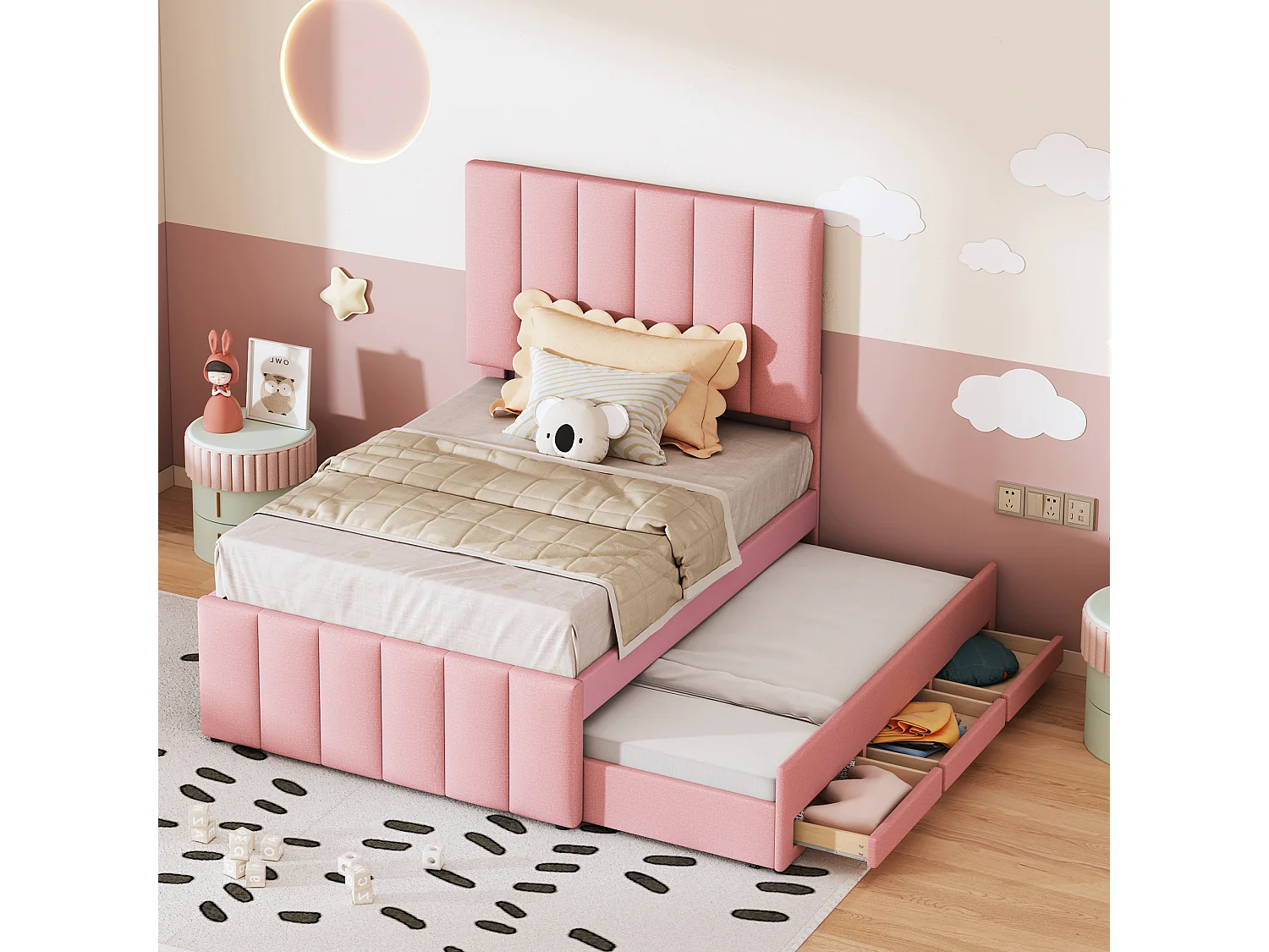 Cama infantil con cama nido y cajones de almacenaje, acolchado de lino rosa, cama individual multifuncional (204x90x118 cm)