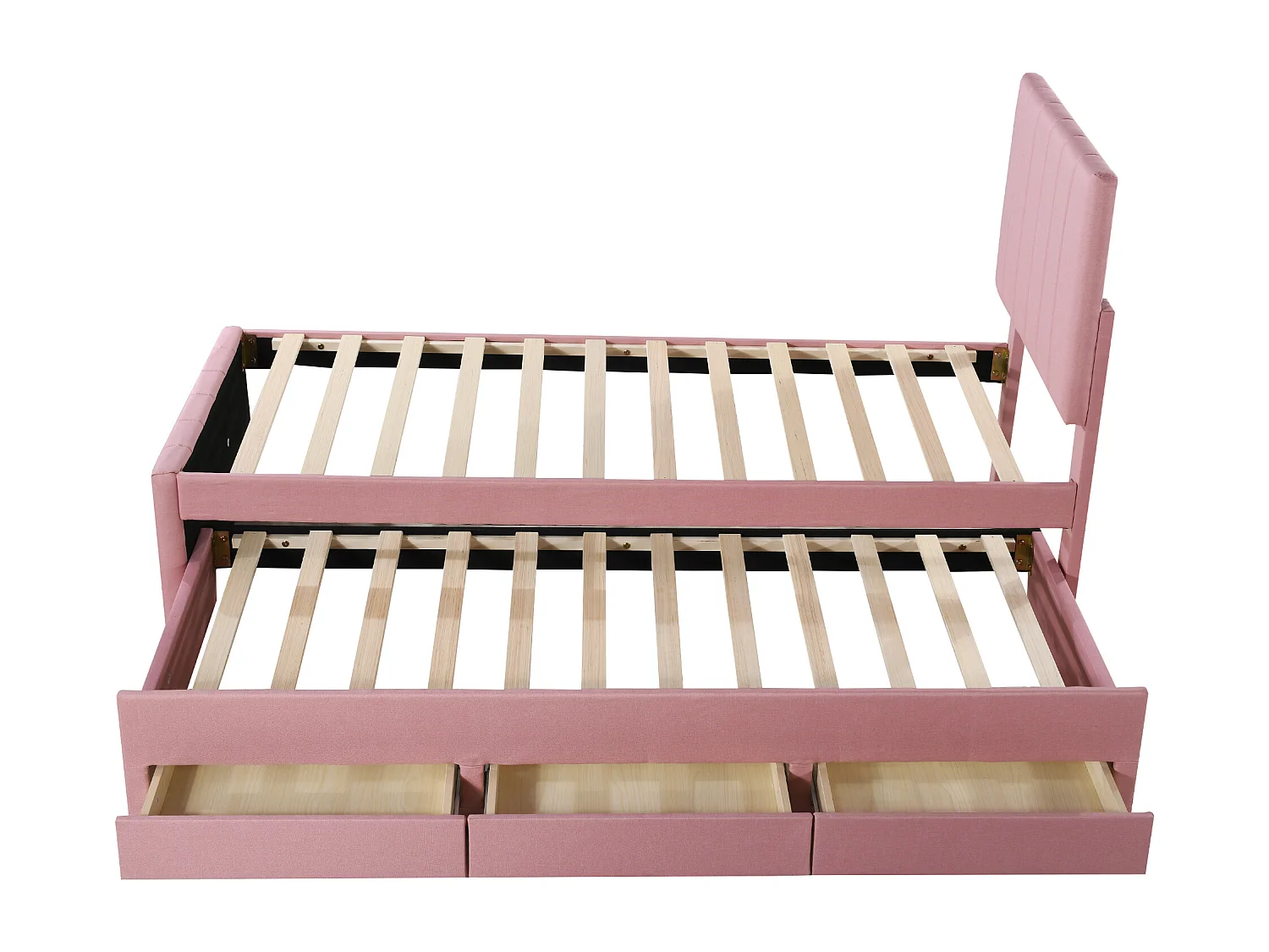 Cama infantil con cama nido y cajones de almacenaje, acolchado de lino rosa, cama individual multifuncional (204x90x118 cm)