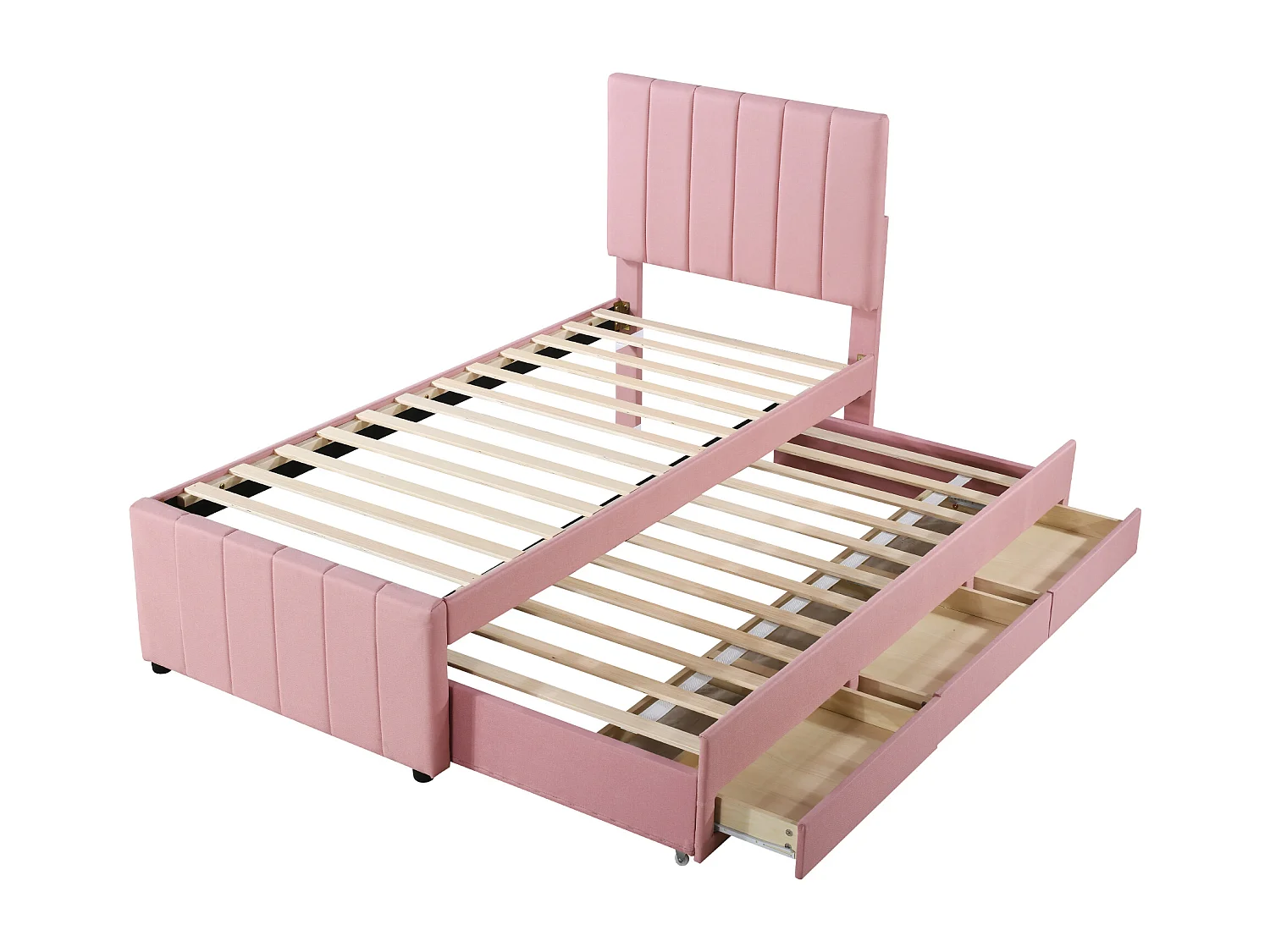 Cama infantil con cama nido y cajones de almacenaje, acolchado de lino rosa, cama individual multifuncional (204x90x118 cm)