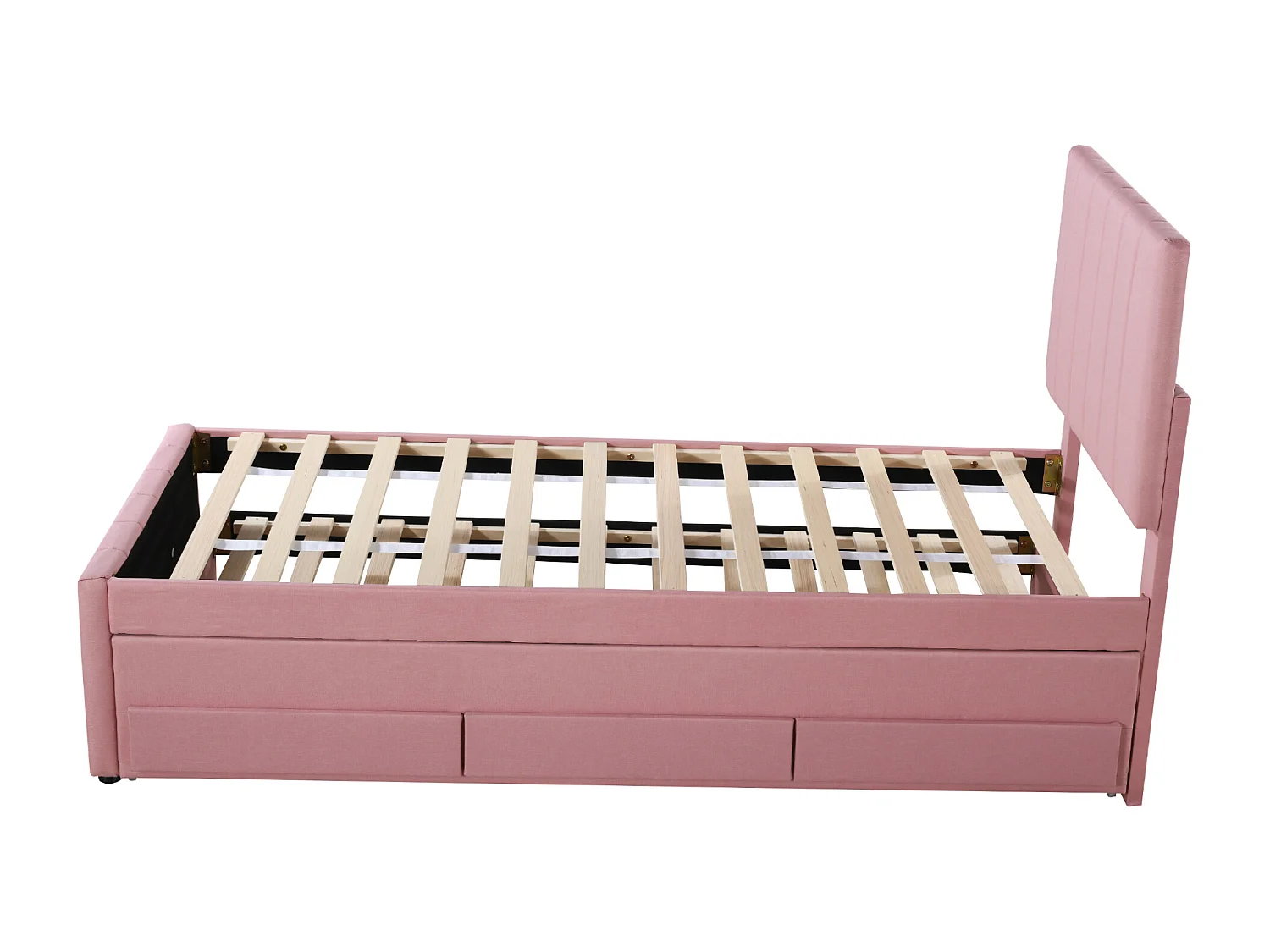 Cama infantil con cama nido y cajones de almacenaje, acolchado de lino rosa, cama individual multifuncional (204x90x118 cm)