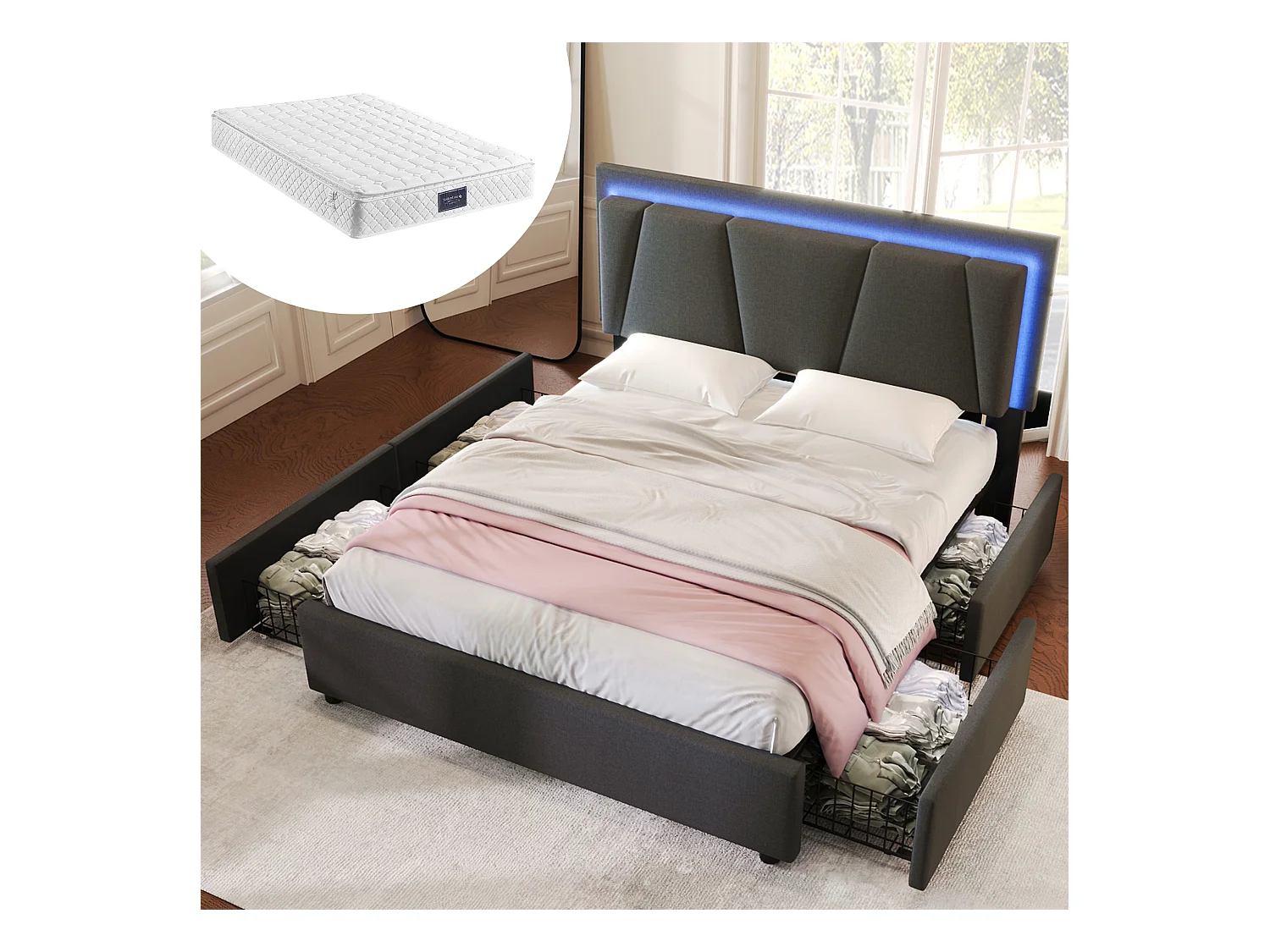 Lit double avec éclairage LED, 4 tiroirs, tête de lit réglable, lin gris (149x207x102-112 cm)