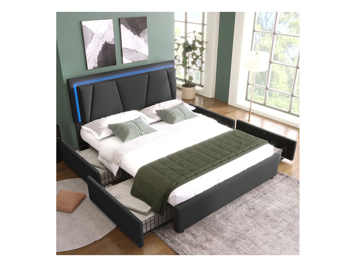 Lit double avec éclairage LED, 4 tiroirs, tête de lit réglable, lin gris (149x207x102-112 cm)