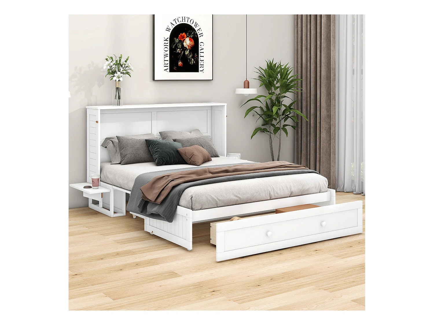 Lit escamotable 140x200 cm avec tiroirs et étagère latérale, plateforme convertible, Bois, Blanc (208.9x145.6x16.3 cm)