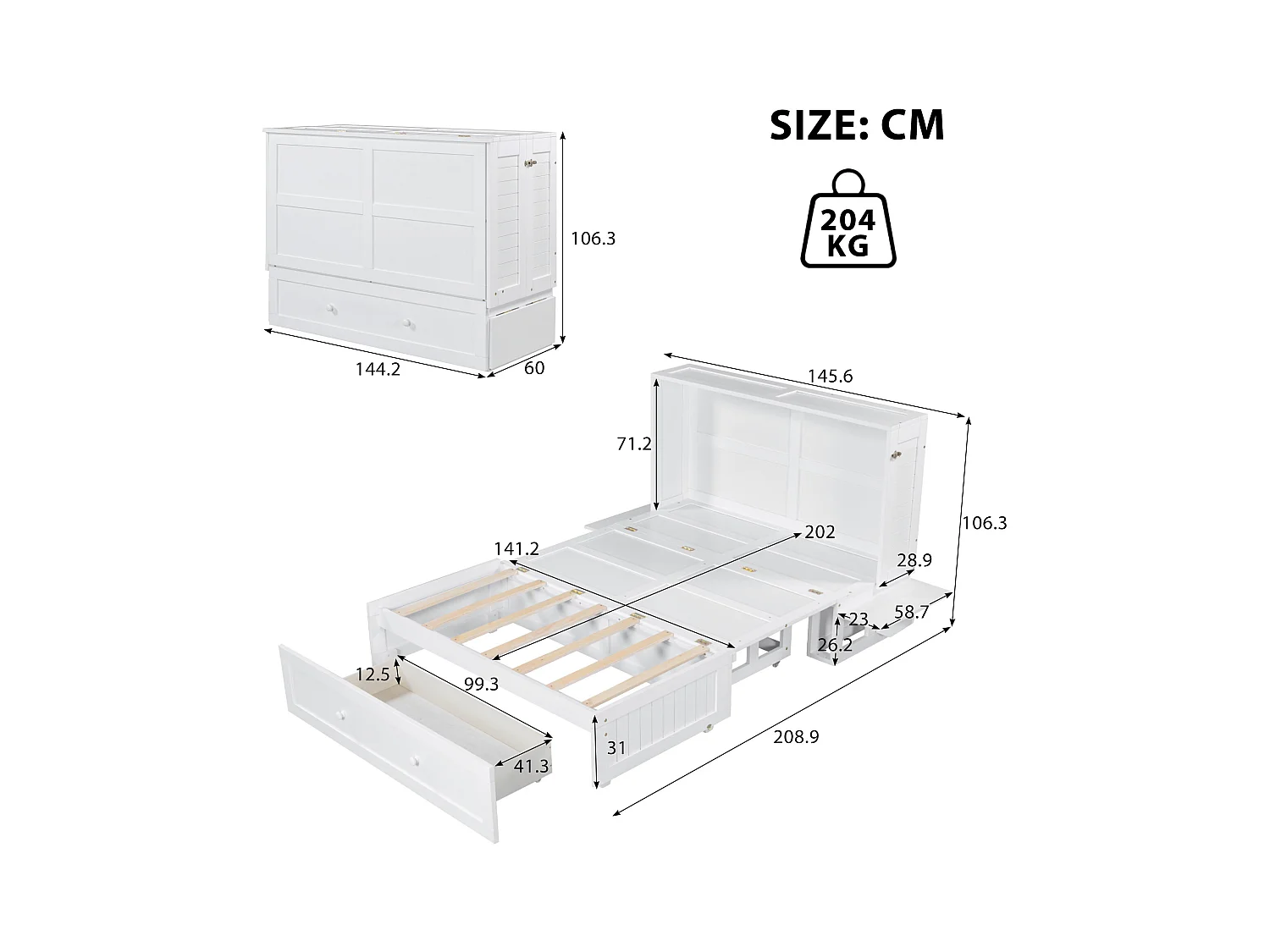 Lit escamotable 140x200 cm avec tiroirs et étagère latérale, plateforme convertible, Bois, Blanc (208.9x145.6x16.3 cm)