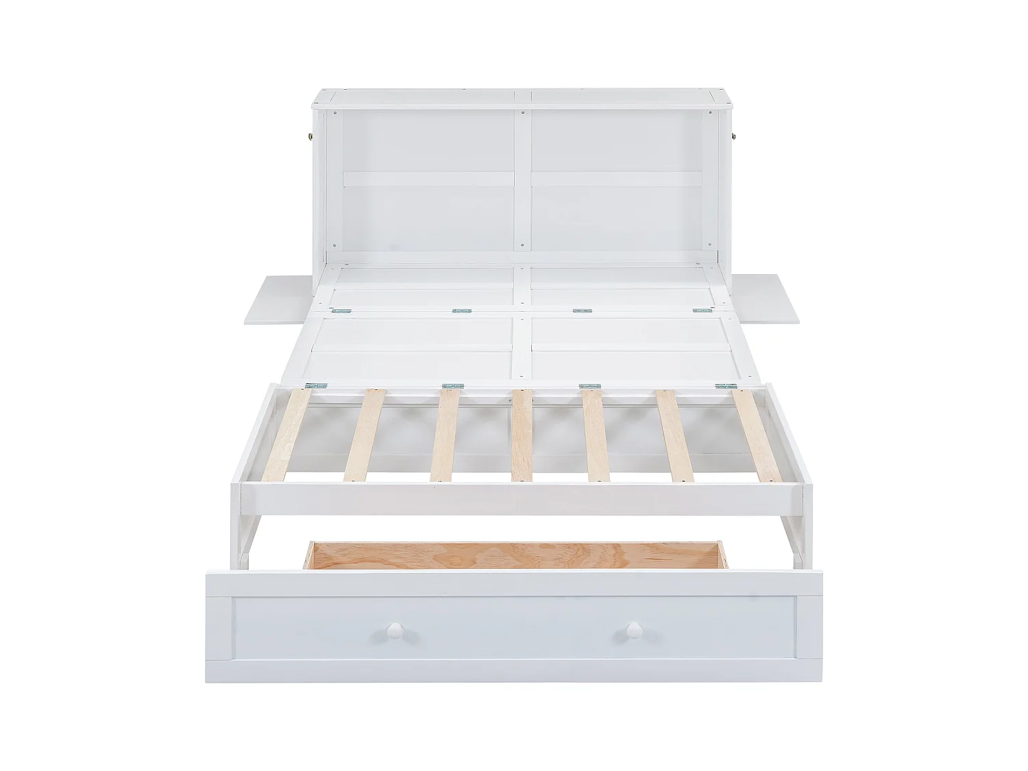 Lit escamotable 140x200 cm avec tiroirs et étagère latérale, plateforme convertible, Bois, Blanc (208.9x145.6x16.3 cm)