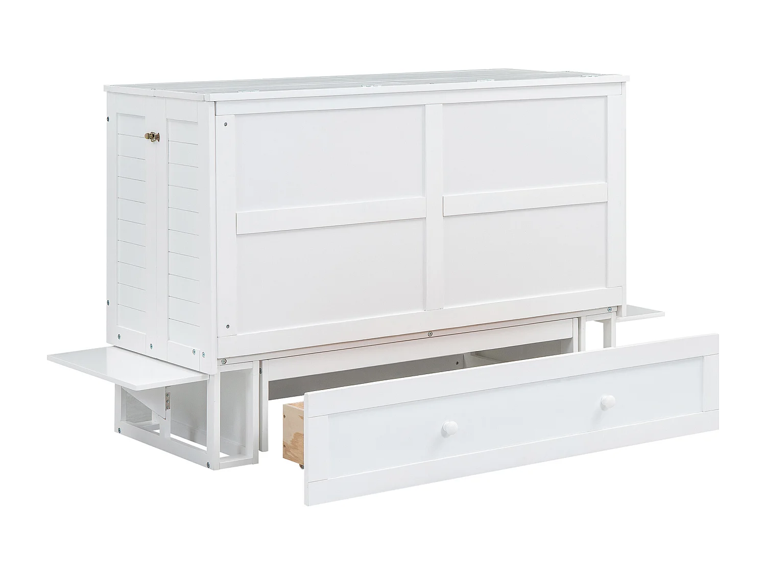 Lit escamotable 140x200 cm avec tiroirs et étagère latérale, plateforme convertible, Bois, Blanc (208.9x145.6x16.3 cm)