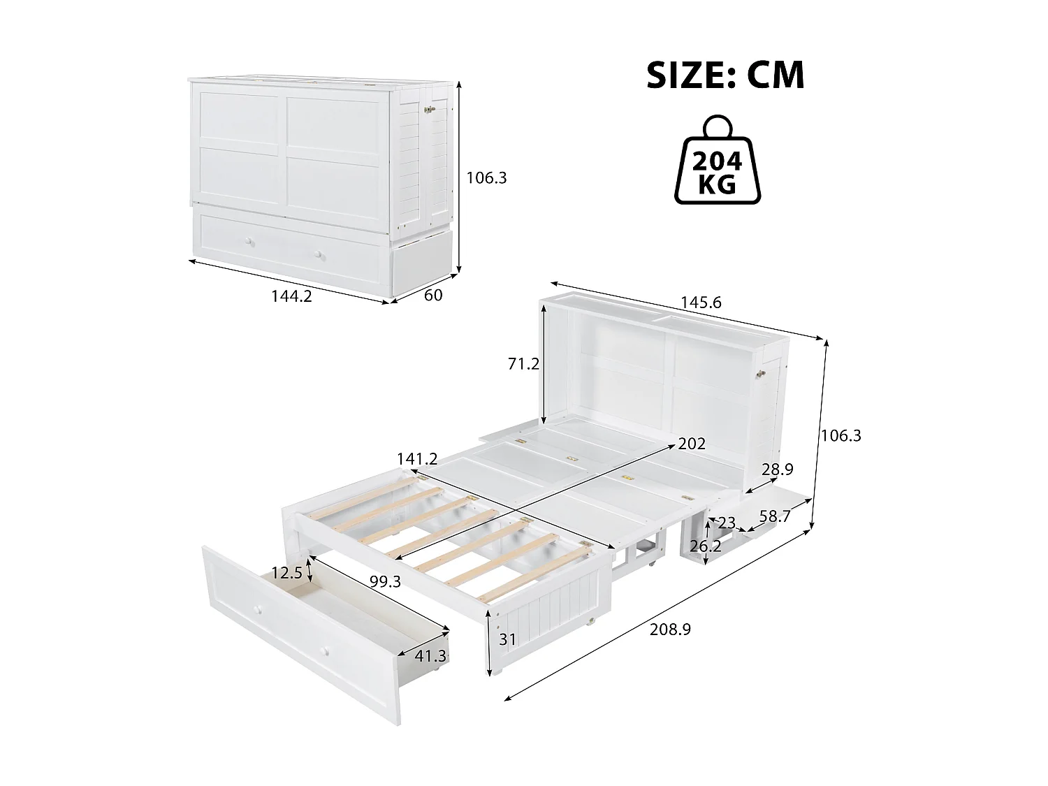 Lit escamotable 140x200 cm avec tiroirs et étagère latérale, plateforme convertible, Bois, Blanc (208.9x145.6x16.3 cm)