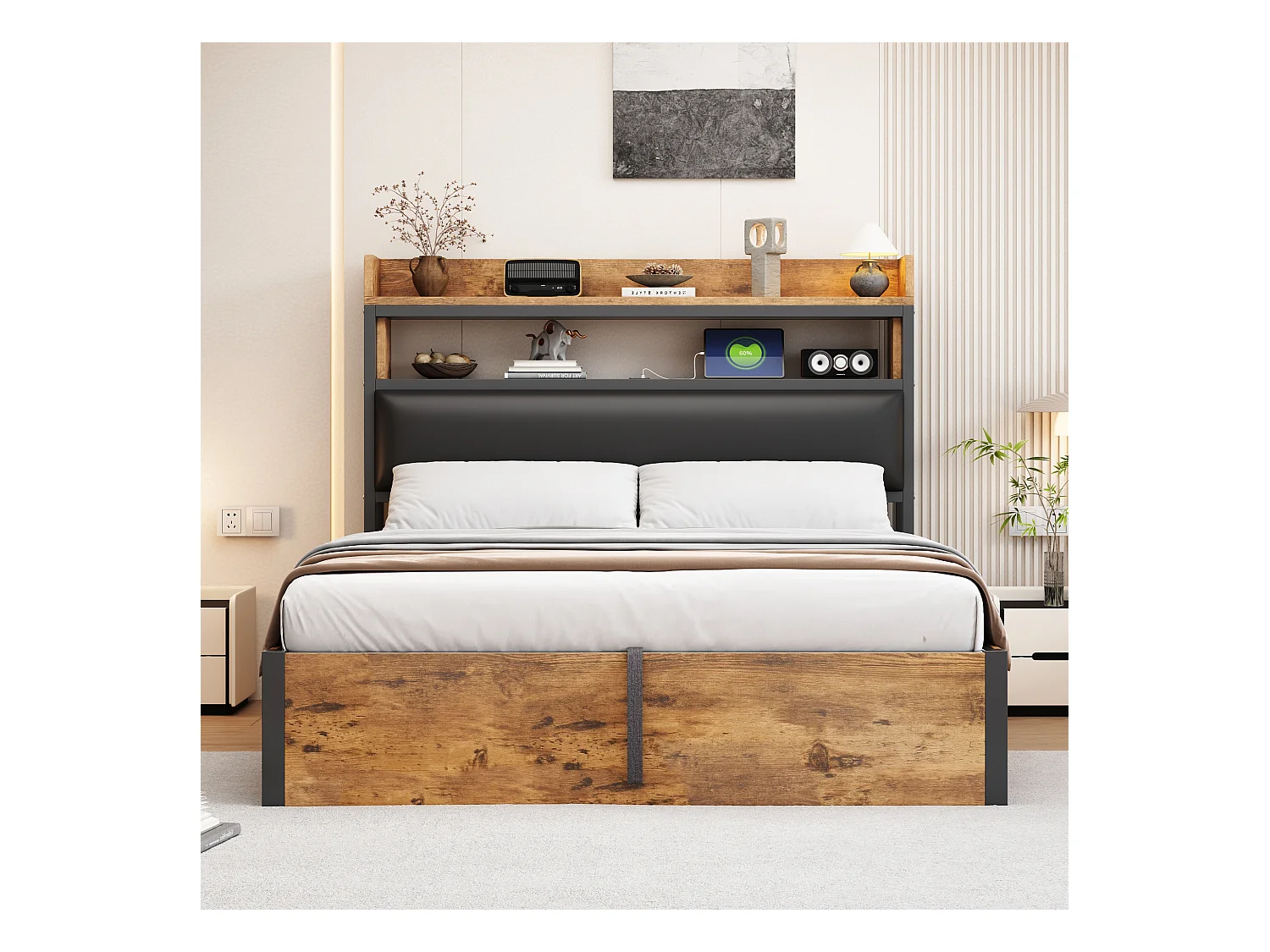 Lit 140x200 avec système hydraulique, tête de lit rembourrée, vintage bois et métal, rangement caché, USB, blanc (218.5x148x112 cm)