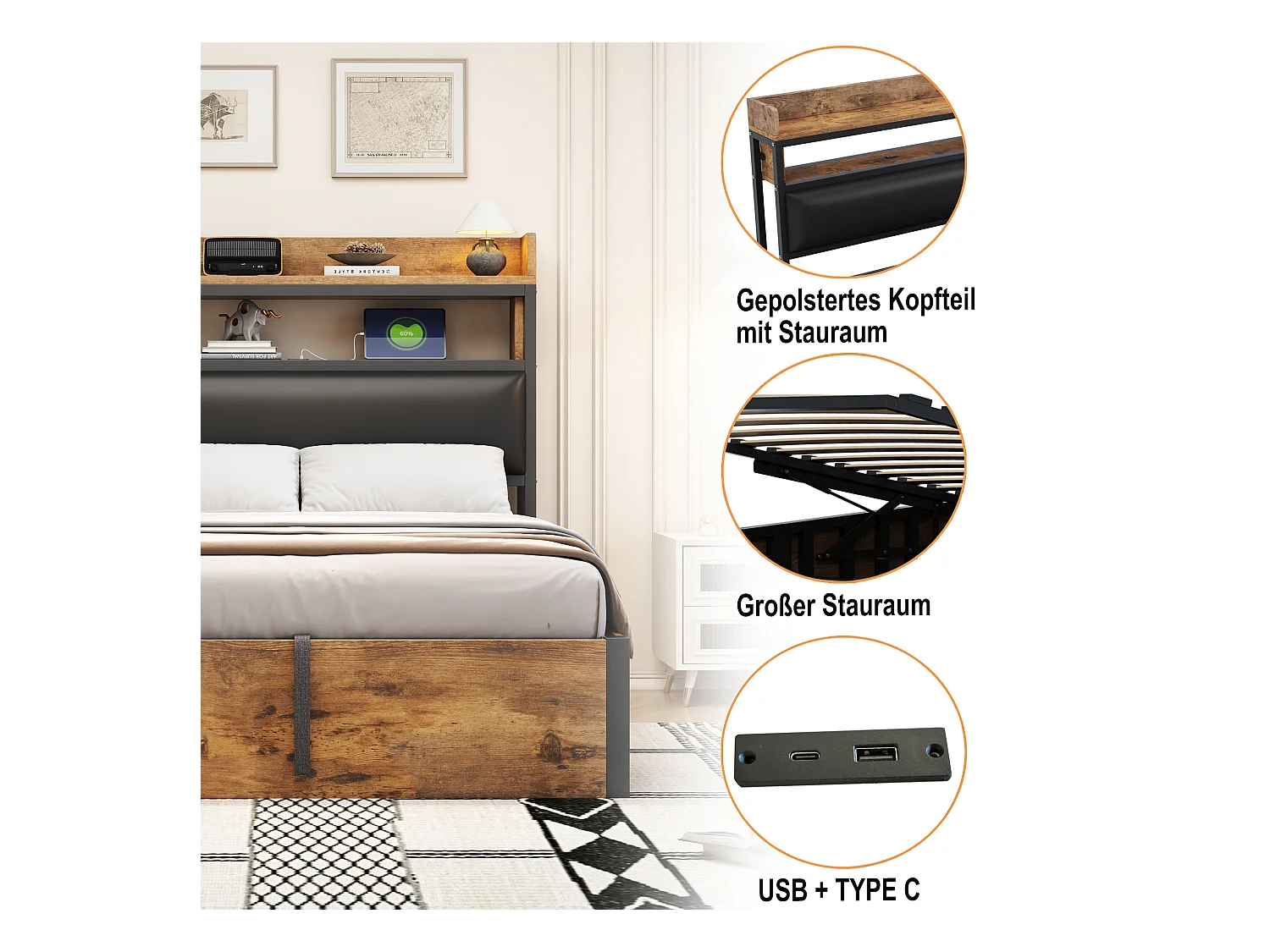 Lit 140x200 avec système hydraulique, tête de lit rembourrée, vintage bois et métal, rangement caché, USB, blanc (218.5x148x112 cm)