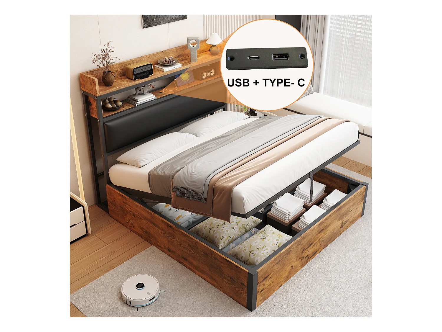 Lit 140x200 avec système hydraulique, tête de lit rembourrée, vintage bois et métal, rangement caché, USB, blanc (218.5x148x112 cm)