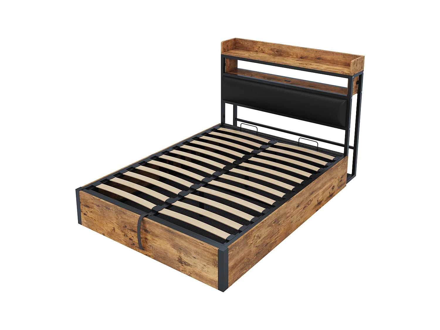 Lit 140x200 avec système hydraulique, tête de lit rembourrée, vintage bois et métal, rangement caché, USB, blanc (218.5x148x112 cm)