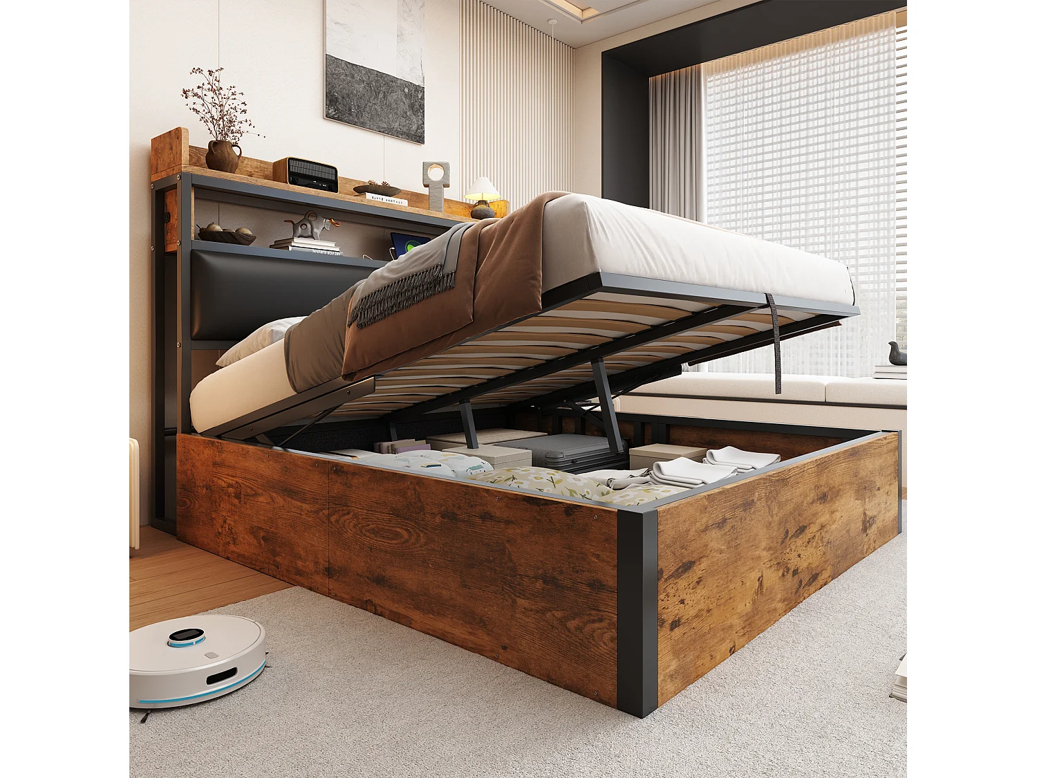 Bed 140x200 met hydraulisch systeem, gestoffeerd hoofdeinde, vintage hout en metaal, verborgen opbergruimte, USB, wit (218,5x148x112 cm)