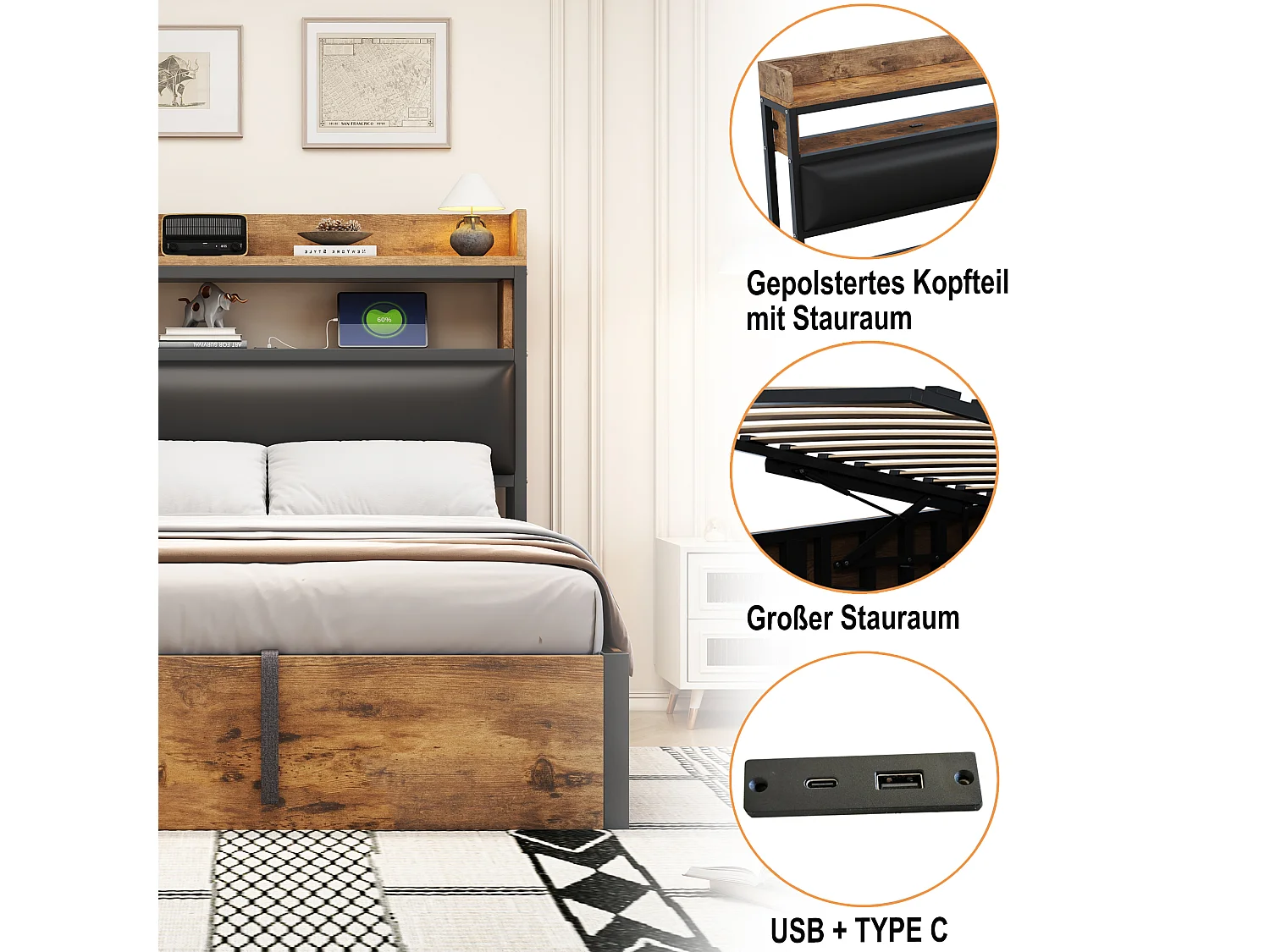 Bed 140x200 met hydraulisch systeem, gestoffeerd hoofdeinde, vintage hout en metaal, verborgen opbergruimte, USB, wit (218,5x148x112 cm)