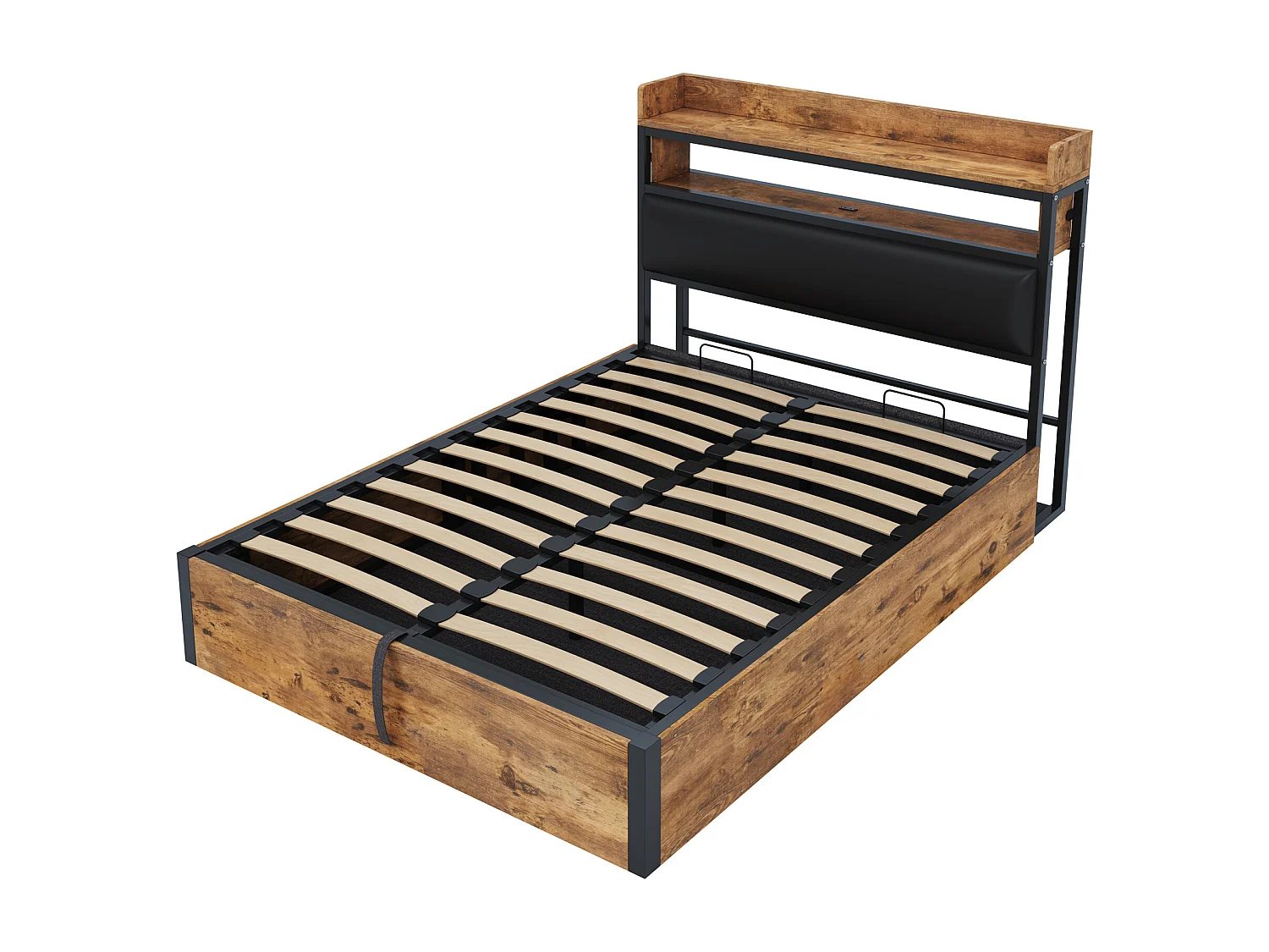 Bed 140x200 met hydraulisch systeem, gestoffeerd hoofdeinde, vintage hout en metaal, verborgen opbergruimte, USB, wit (218,5x148x112 cm)
