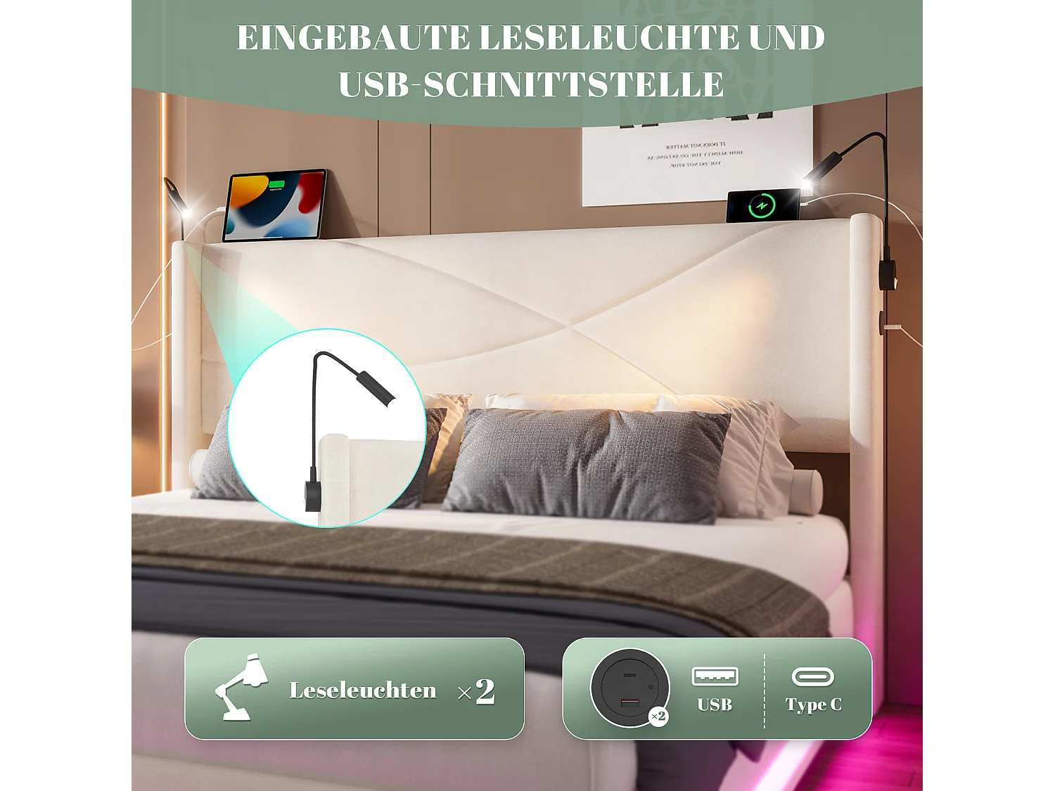 Lit 160 x 200 cm avec LED, 2 lampes de lecture, système de rangement hydraulique, structure robuste, ports USB, Beige (216x150x116 cm)