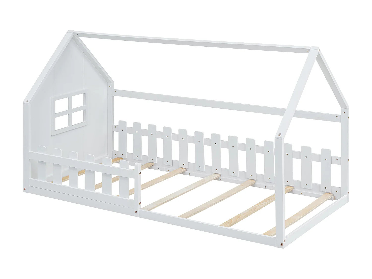 Letto per bambini 90\200 cm, a forma di casa, in pino, colore bianco (204x96,5x113,8 cm)