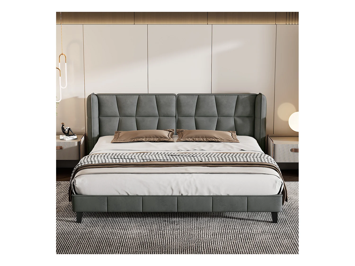 Lit avec tête de lit réglable, 180x200 cm, avec sommier à lattes, design moderne, velours, gris