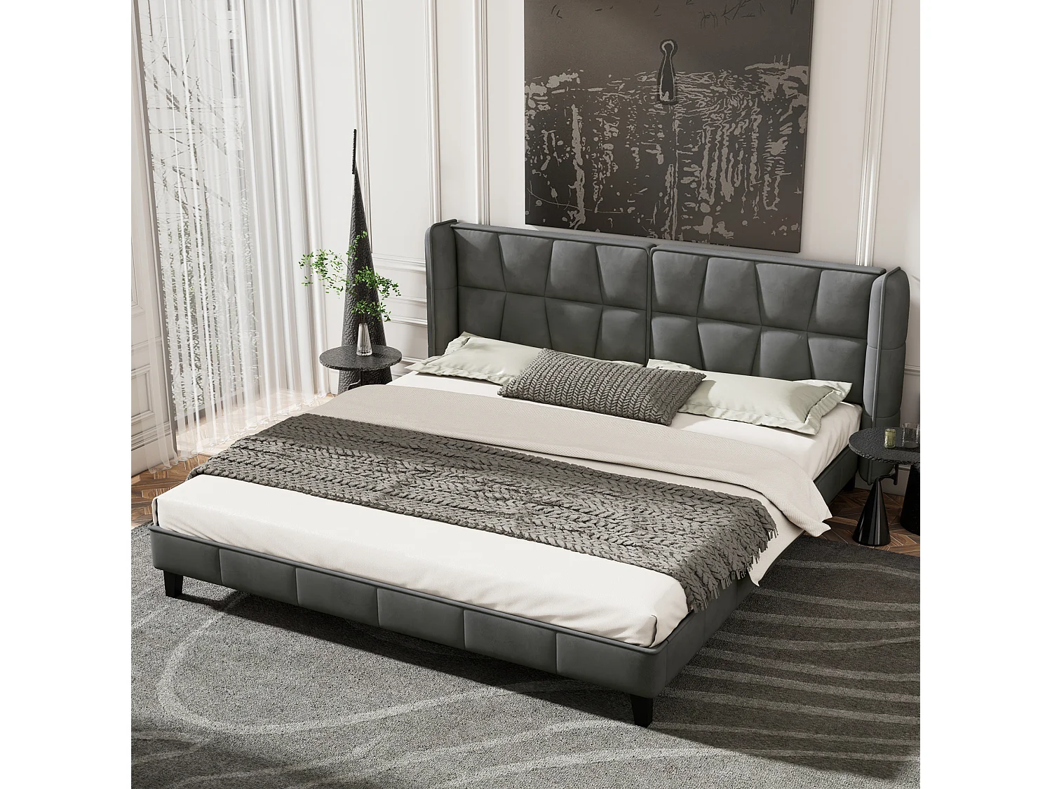 Letto con testiera regolabile, 180x200 cm, con rete a doghe, design moderno, velluto, grigio