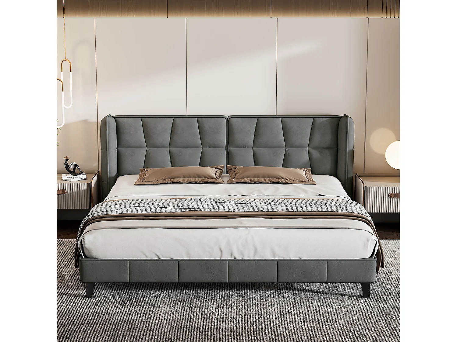 Letto con testiera regolabile, 180x200 cm, con rete a doghe, design moderno, velluto, grigio