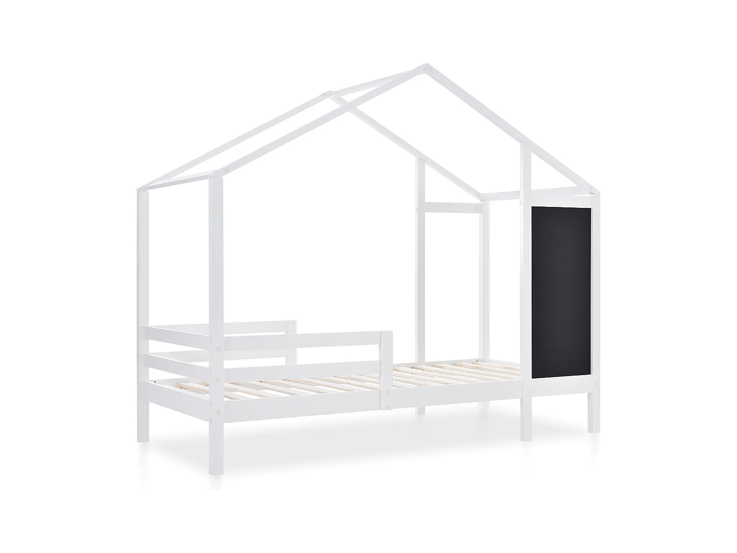 Lit maison pour enfants 90x200 cm, lit en bois avec tableau et 2 tiroirs, lit avec protection contre les chutes, avec sommier, blanc (dimensions : 207x97x159 cm)