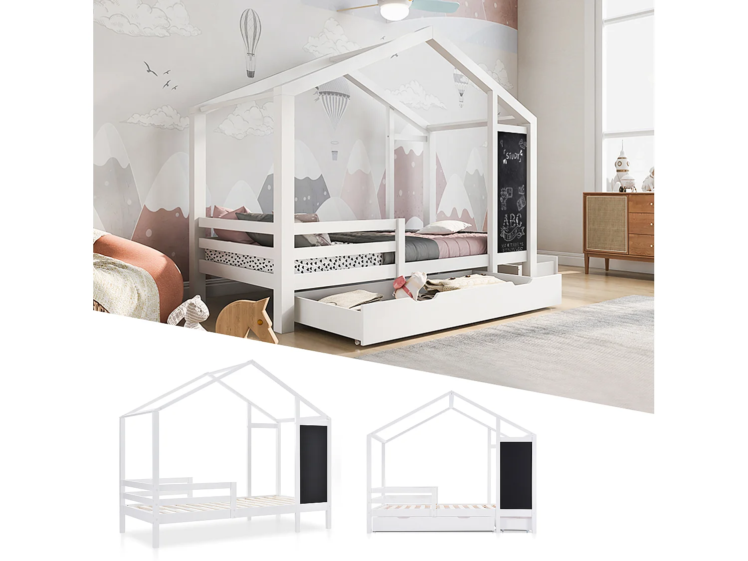 Lit maison pour enfants 90x200 cm, lit en bois avec tableau et 2 tiroirs, lit avec protection contre les chutes, avec sommier, blanc (dimensions : 207x97x159 cm)