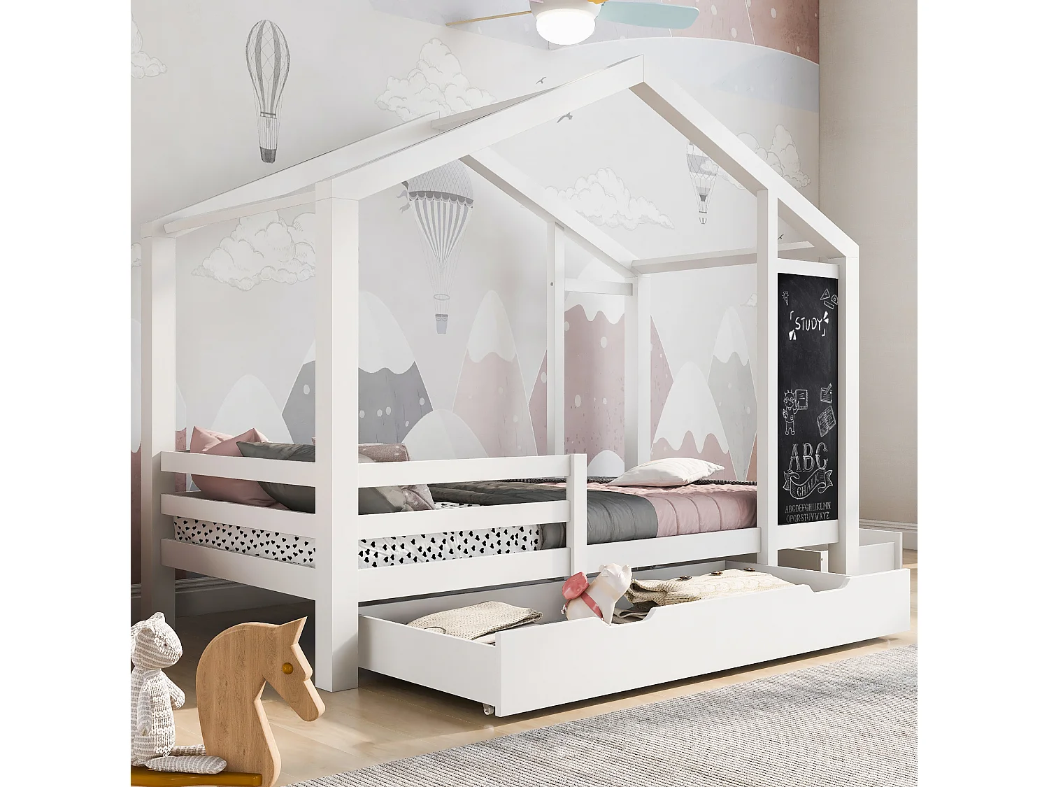Lit maison pour enfants 90x200 cm, lit en bois avec tableau et 2 tiroirs, lit avec protection contre les chutes, avec sommier, blanc (dimensions : 207x97x159 cm)
