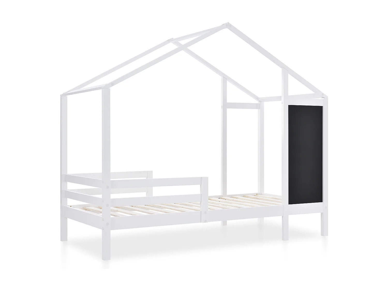 Lit maison pour enfants 90x200 cm, lit en bois avec tableau et 2 tiroirs, lit avec protection contre les chutes, avec sommier, blanc (dimensions : 207x97x159 cm)