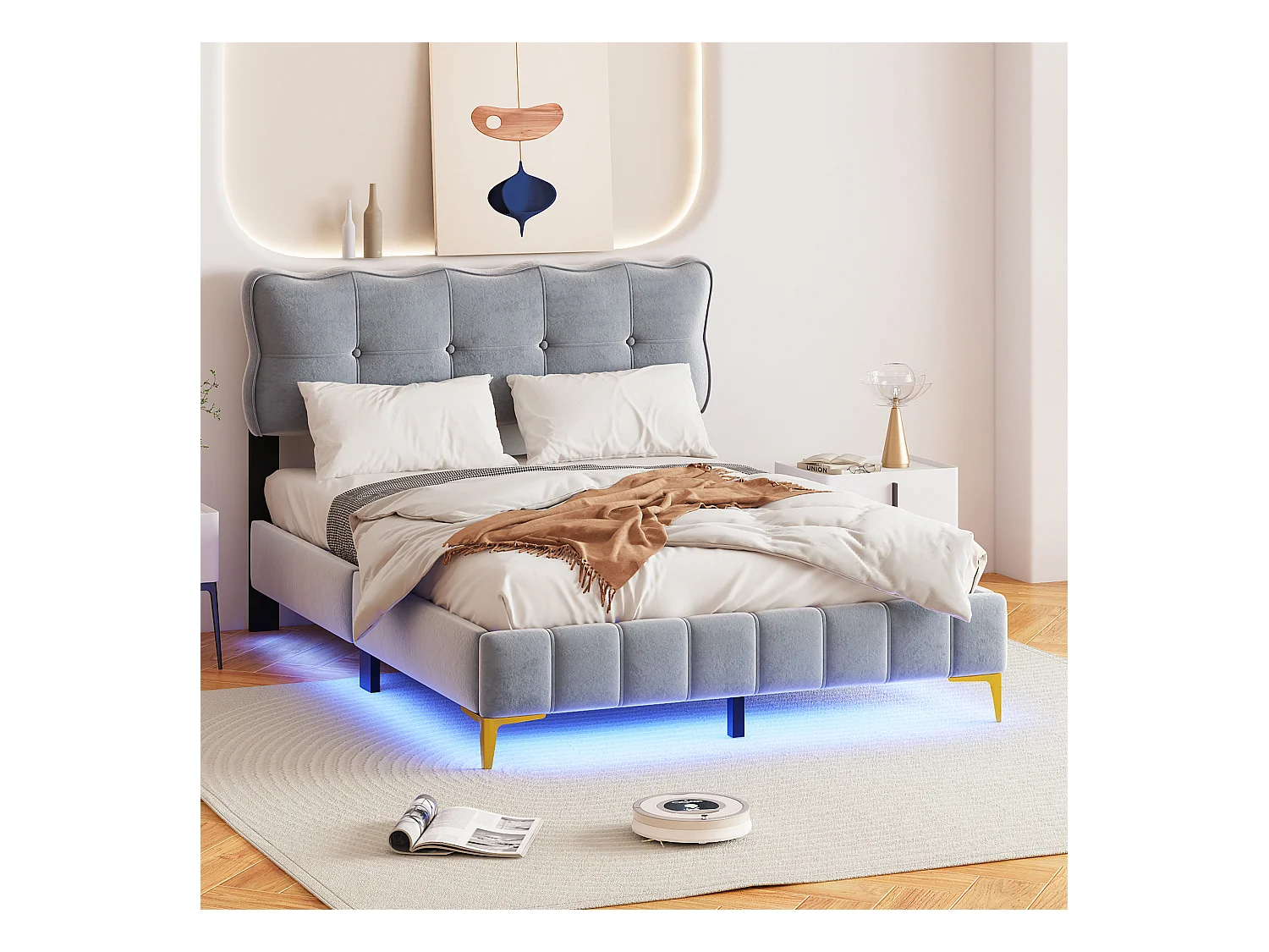 Lit rembourré 140x200 cm, lit double avec LED, tête de lit, sommier, velours, pieds hauts métal, gris (214x158x106.5 cm)