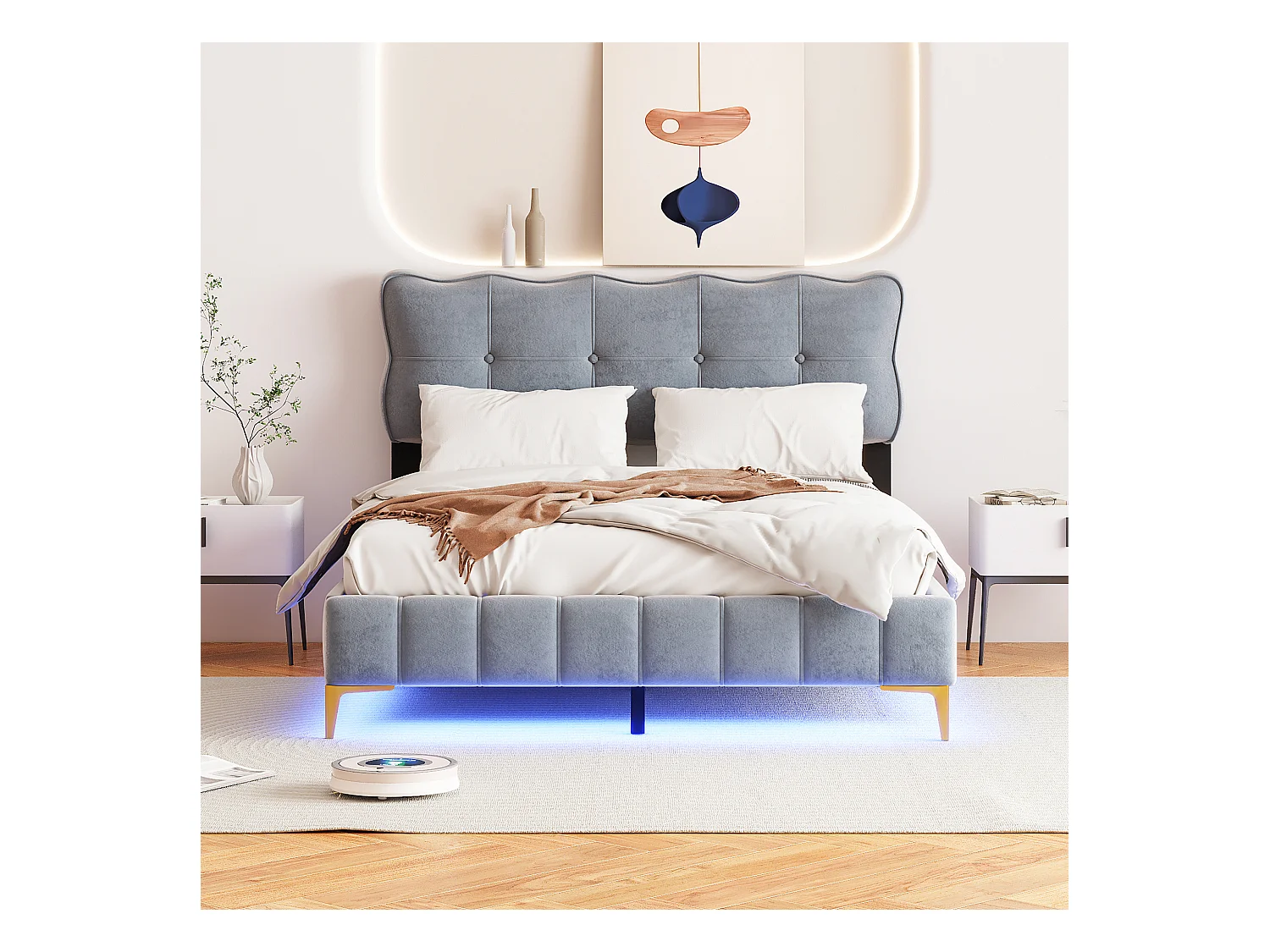 Lit rembourré 140x200 cm, lit double avec LED, tête de lit, sommier, velours, pieds hauts métal, gris (214x158x106.5 cm)