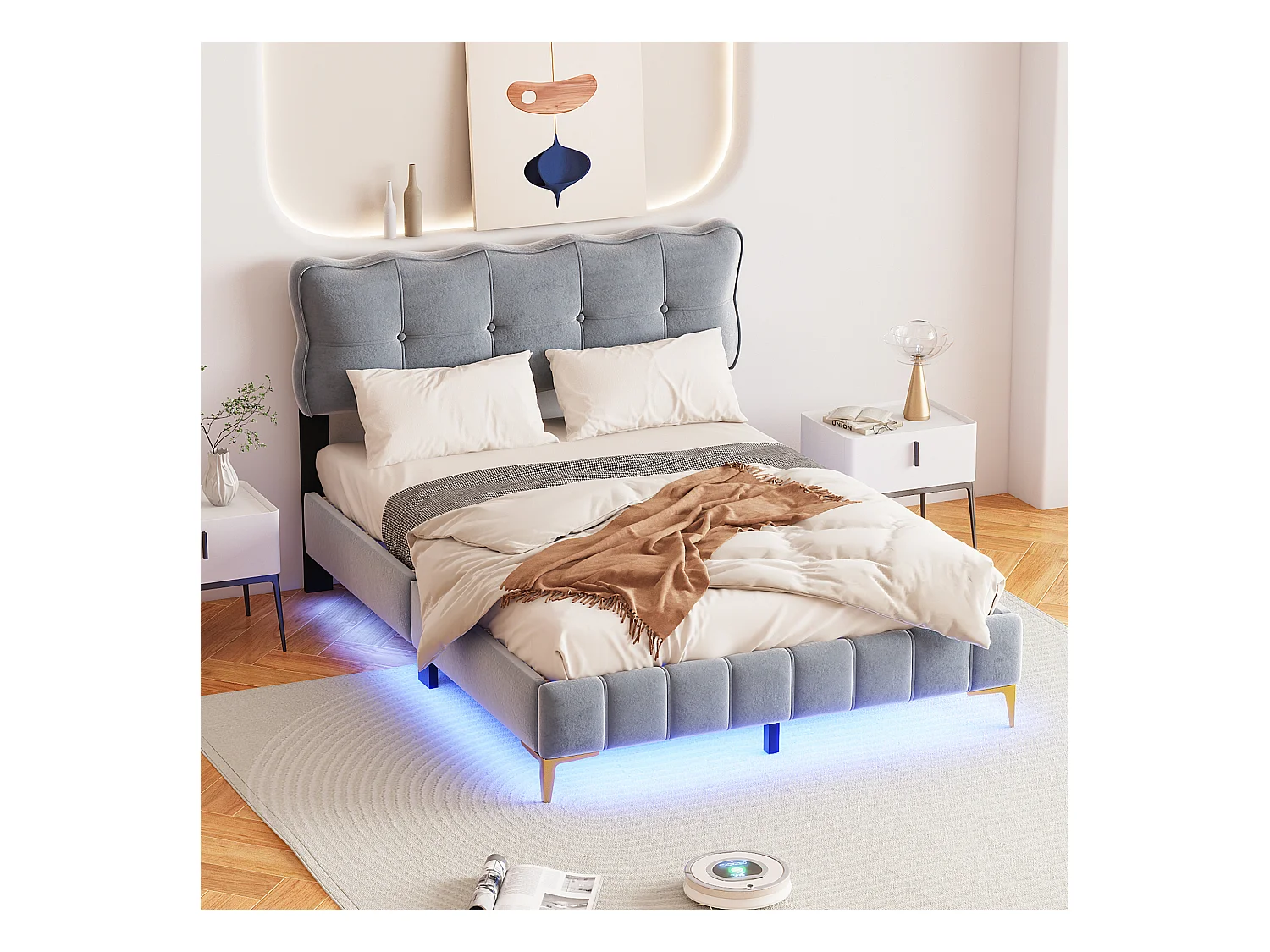 Lit rembourré 140x200 cm, lit double avec LED, tête de lit, sommier, velours, pieds hauts métal, gris (214x158x106.5 cm)