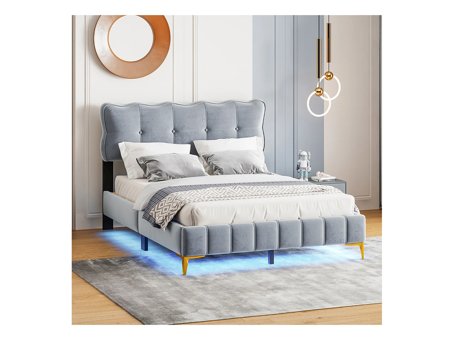 Lit rembourré 140x200 cm, lit double avec LED, tête de lit, sommier, velours, pieds hauts métal, gris (214x158x106.5 cm)