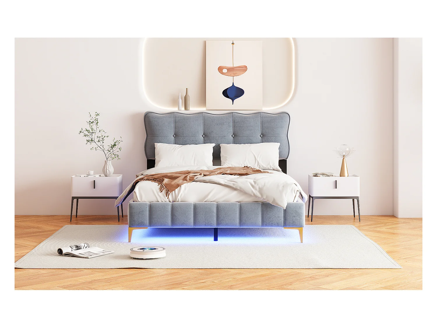 Lit rembourré 140x200 cm, lit double avec LED, tête de lit, sommier, velours, pieds hauts métal, gris (214x158x106.5 cm)