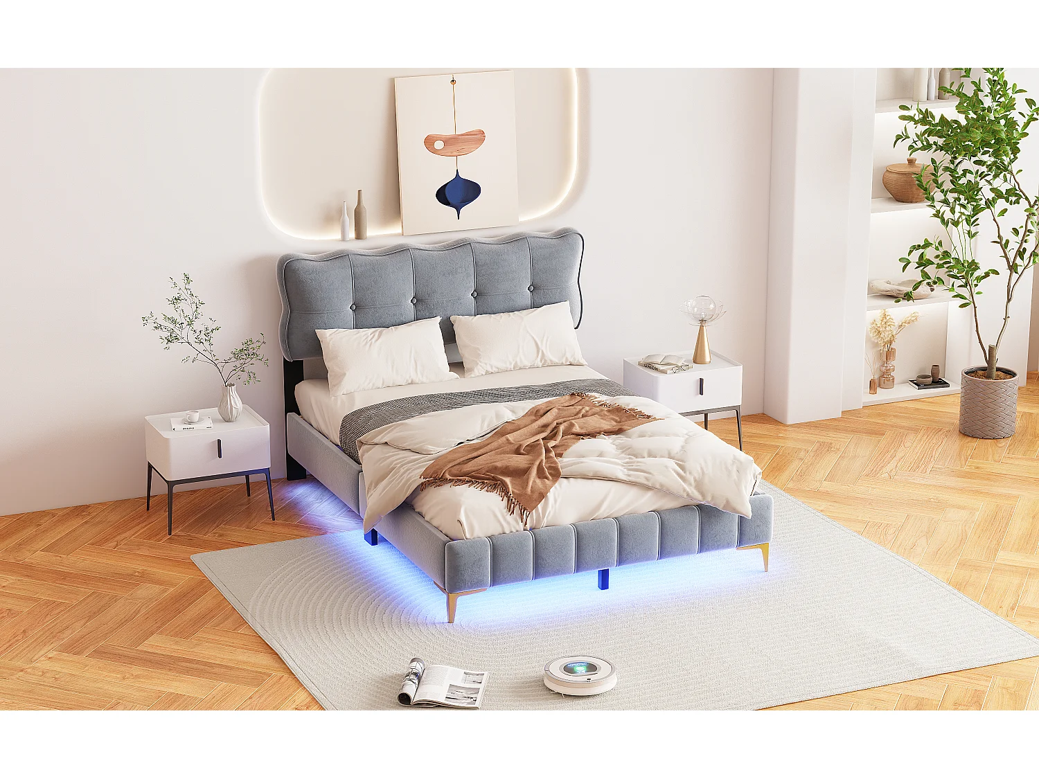 Lit rembourré 140x200 cm, lit double avec LED, tête de lit, sommier, velours, pieds hauts métal, gris (214x158x106.5 cm)