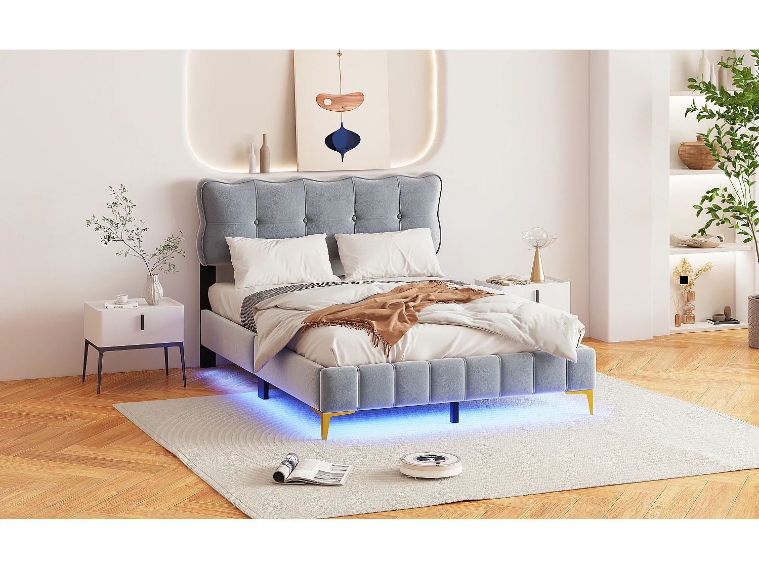 Lit rembourré 140x200 cm, lit double avec LED, tête de lit, sommier, velours, pieds hauts métal, gris (214x158x106.5 cm)