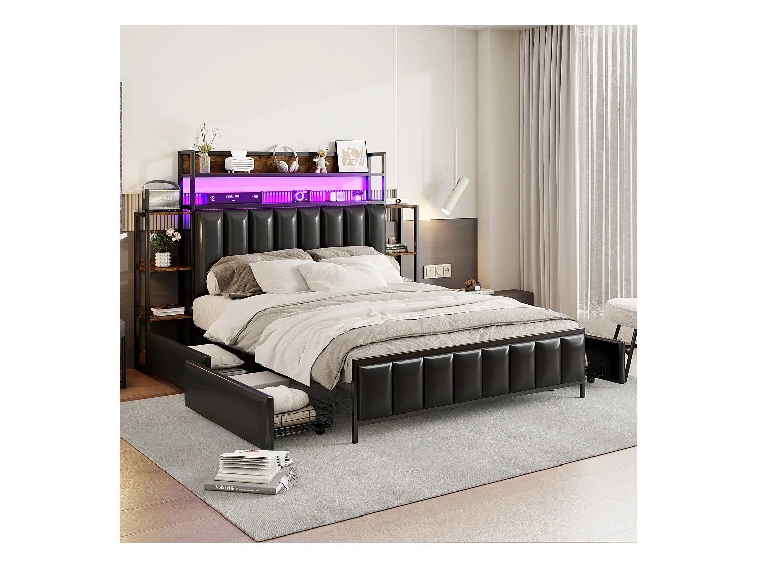 Lit tapissier 140x200 cm avec rangements multiples, éclairage LED, tête de lit avec étagères, cadre en fer massif, simili cuir noir (222x204.5x115.5 cm)