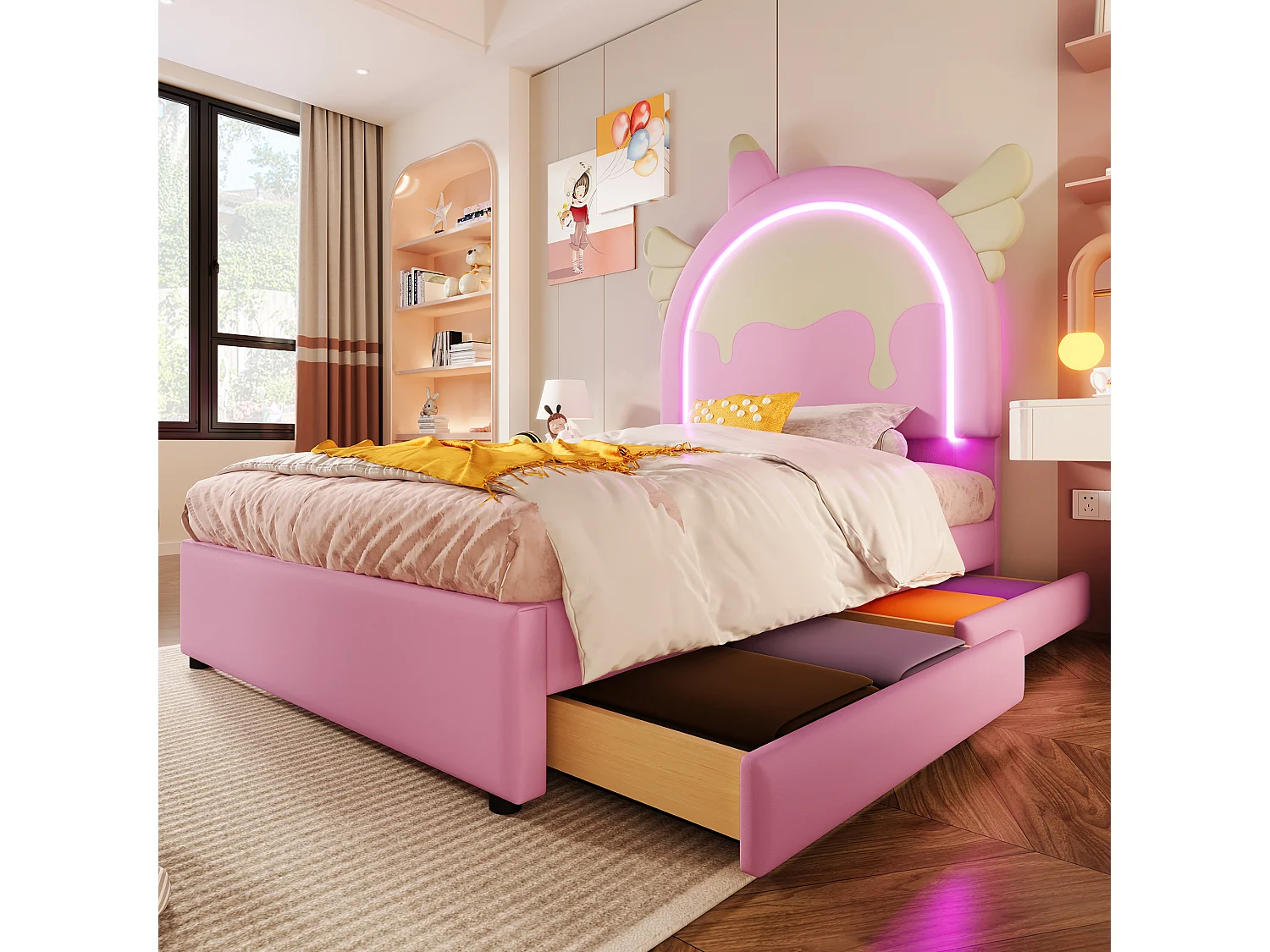 Kinderbed 90x200 cm, met 2 lades en LED-verlichting, eenhoornvorm, PU, roze (203,5x105x137,5 cm)