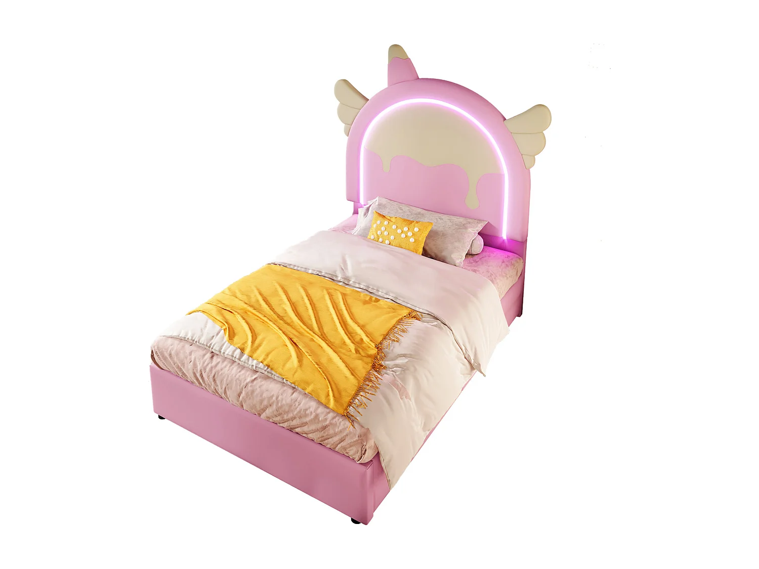 Lit pour enfant 90x200 cm, avec 2 tiroirs et éclairage LED, forme licorne, PU, rose (203.5x105x137.5 cm)