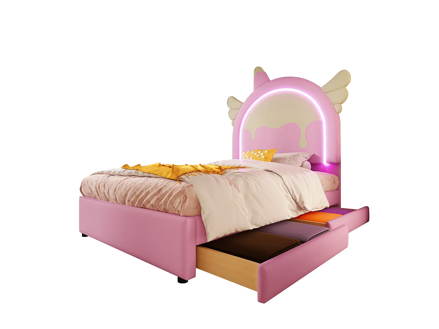 Lit pour enfant 90x200 cm, avec 2 tiroirs et éclairage LED, forme licorne, PU, rose (203.5x105x137.5 cm)