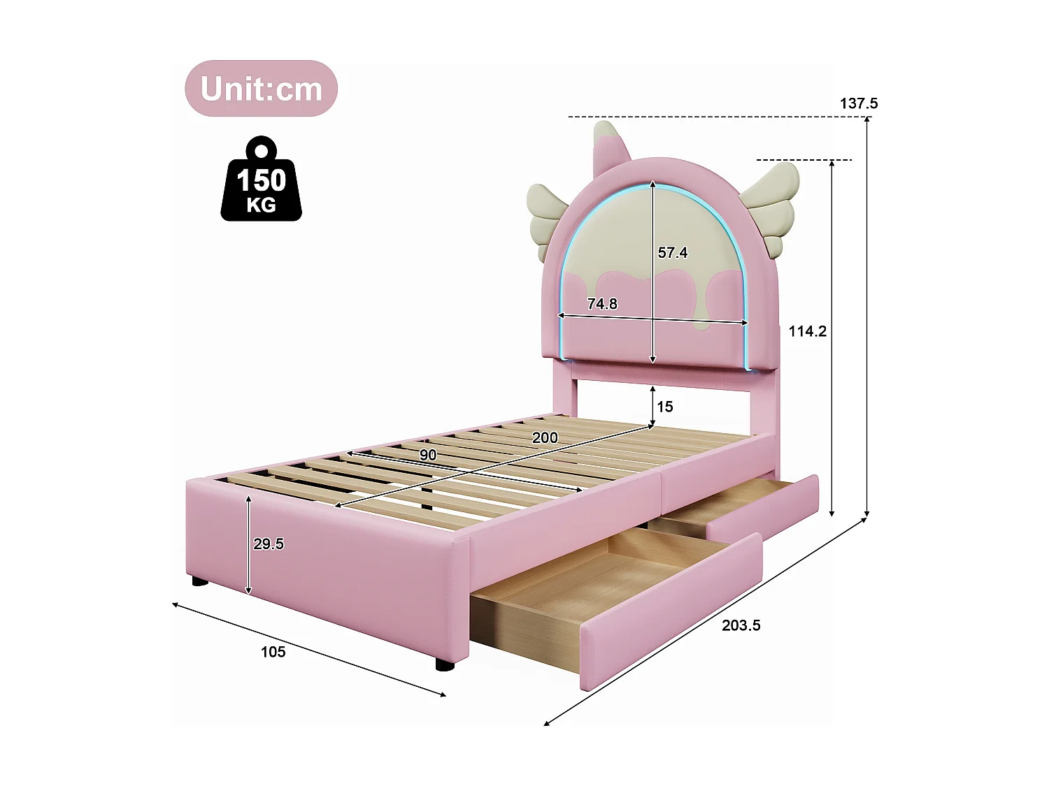 Lit pour enfant 90x200 cm, avec 2 tiroirs et éclairage LED, forme licorne, PU, rose (203.5x105x137.5 cm)