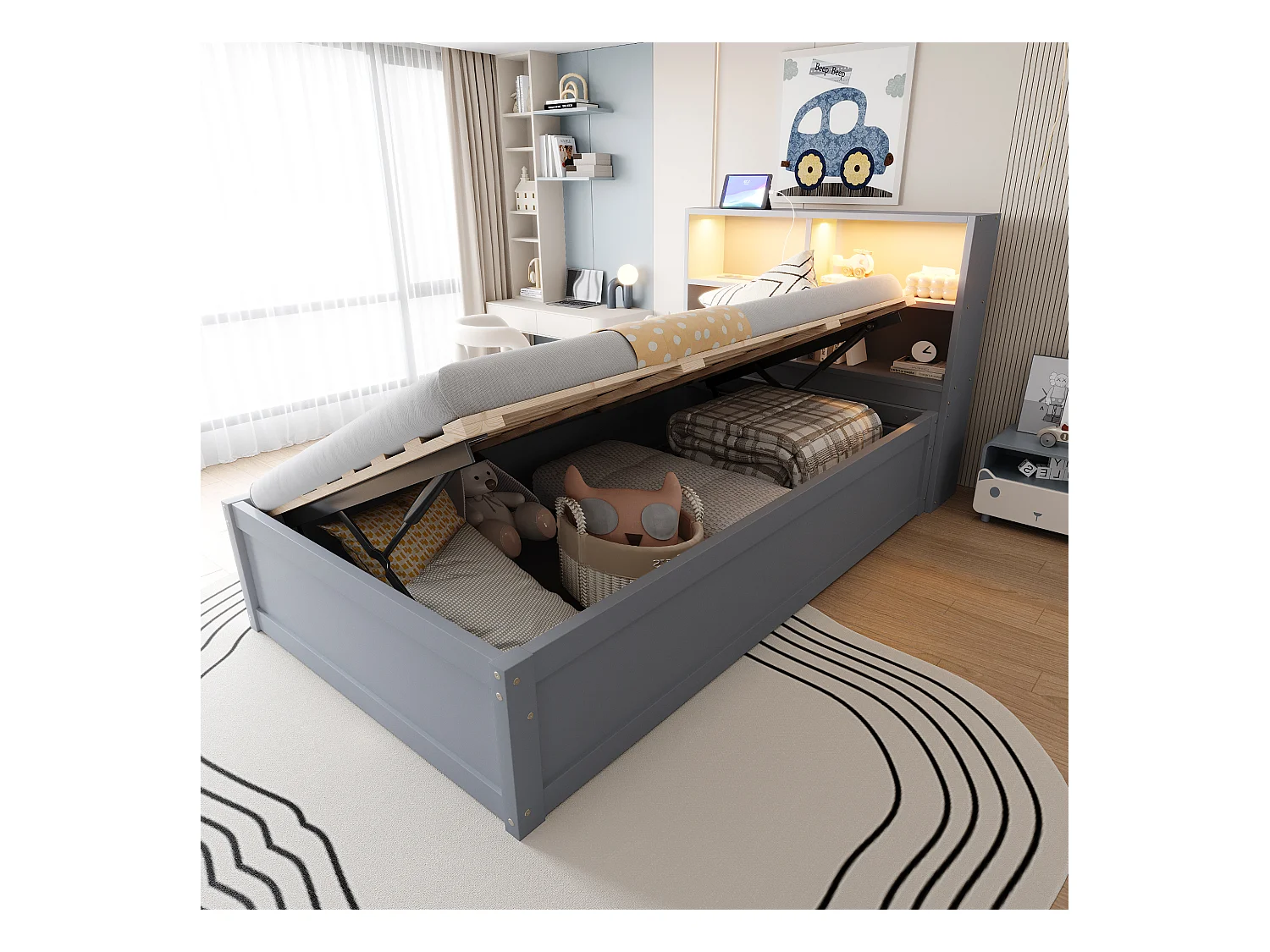 Lit multifonction 90x200 cm, avec prise multiple, rangement, sommier et bande LED, bois massif, gris (220.5x113.5x82 cm)