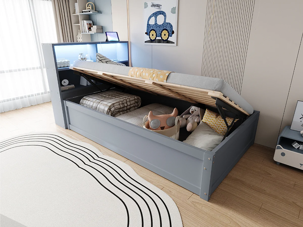 Lit multifonction 90x200 cm, avec prise multiple, rangement, sommier et bande LED, bois massif, gris (220.5x113.5x82 cm)