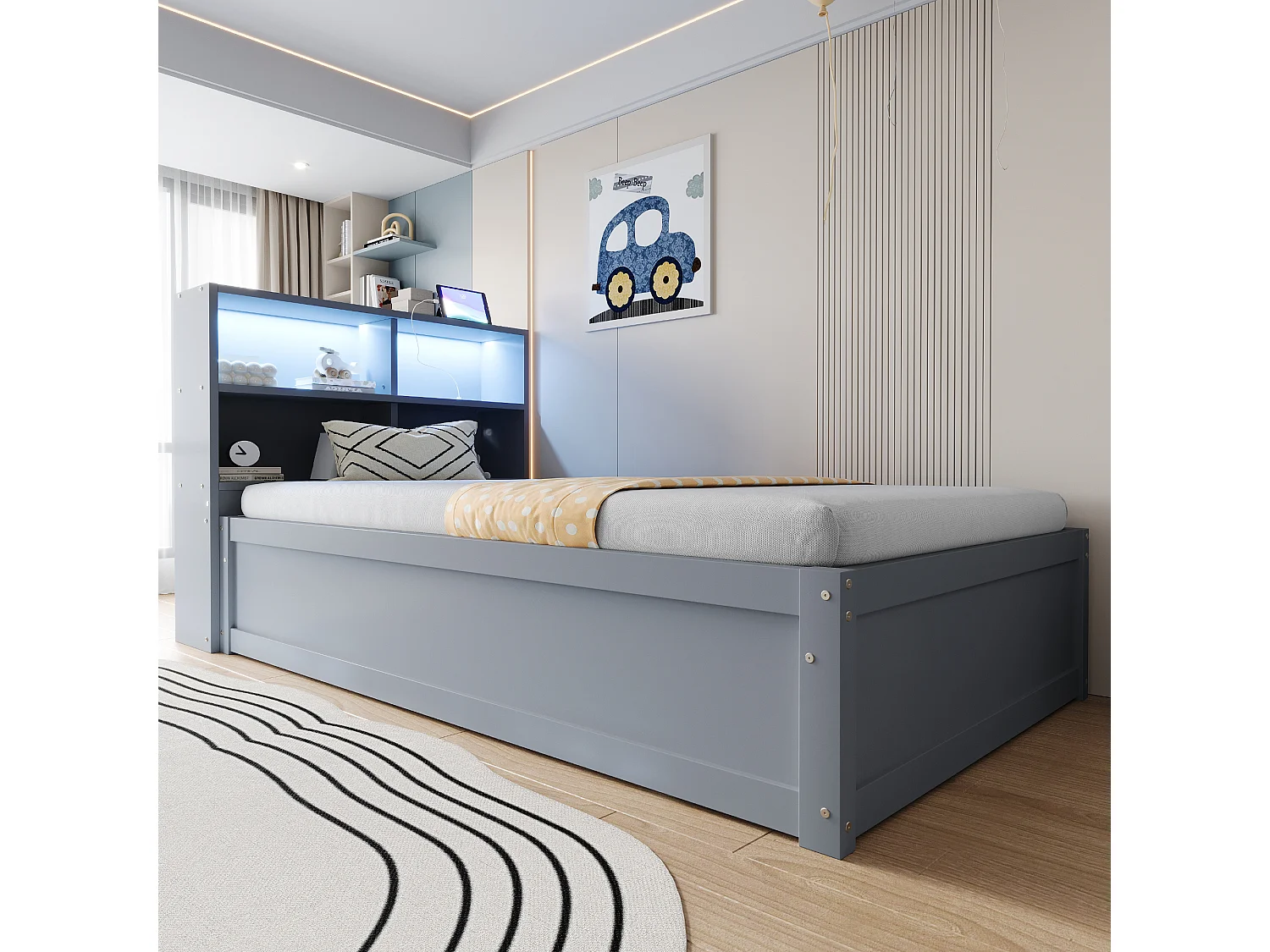 Lit multifonction 90x200 cm, avec prise multiple, rangement, sommier et bande LED, bois massif, gris (220.5x113.5x82 cm)