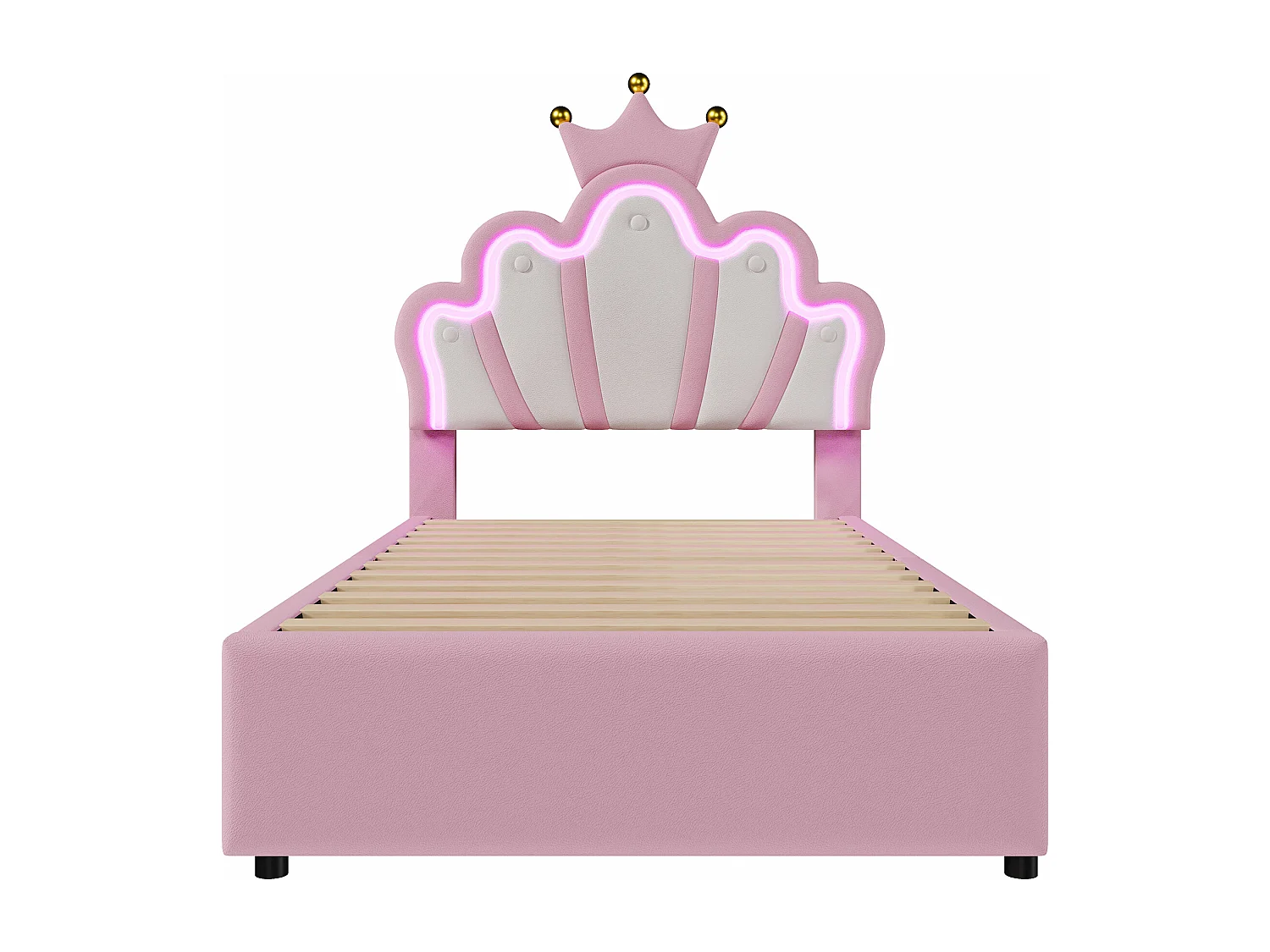 Prinsessenbed 90x200 cm met afstandsbediening voor sfeerverlichting, 2 lades, verstelbaar hoofdeinde, in PU, roze (203,5x93x131 cm)
