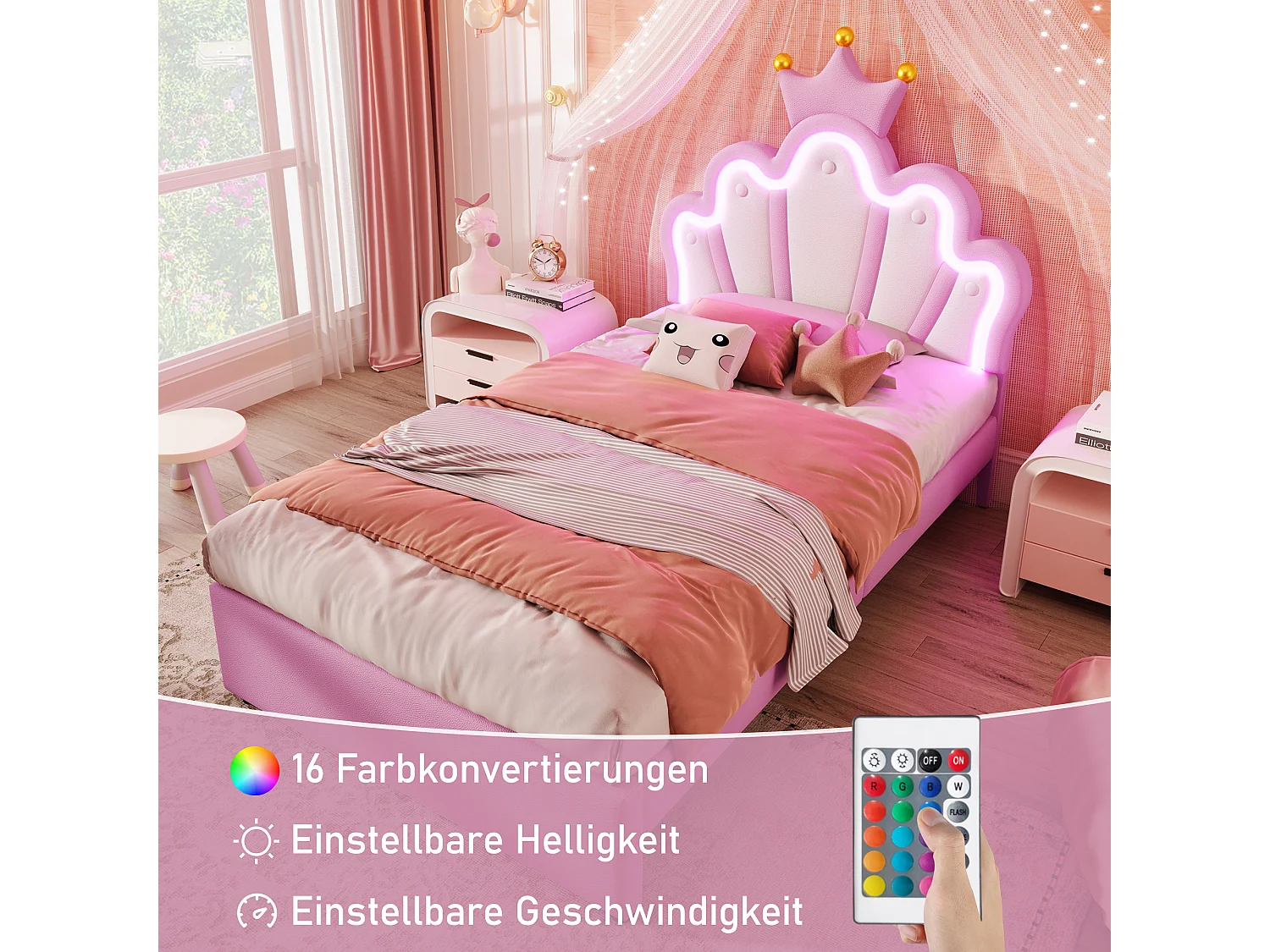 Lit princesse 90x200 cm avec éclairage ambiant télécommandé, 2 tiroirs, tête de lit réglable, en PU, Rose (203.5x93x131 cm)